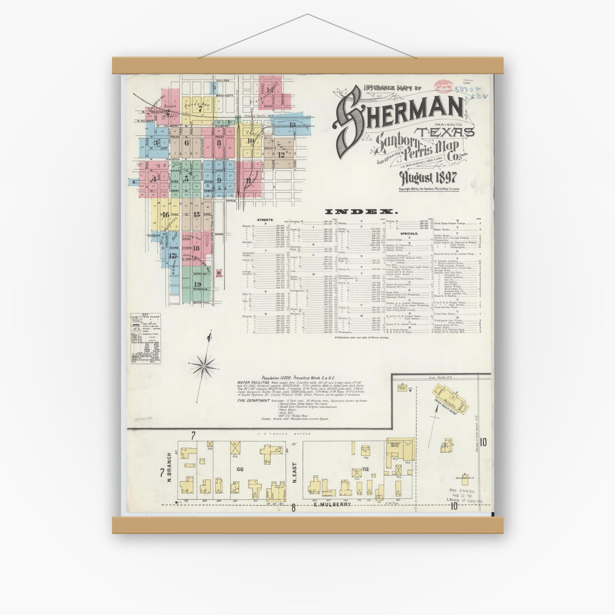 Old map wall art mockup — magnetic wood frame on white wall — Sanborn Fire Insurance Map from Sherman, Grayson County, Texas (1897) - Complete Map Set