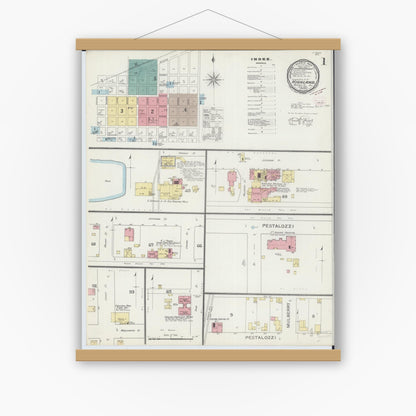 Old map wall art mockup — magnetic wood frame on white wall — Sanborn Fire Insurance Map from Highland, Madison County, Illinois (1894), Sheet #0001