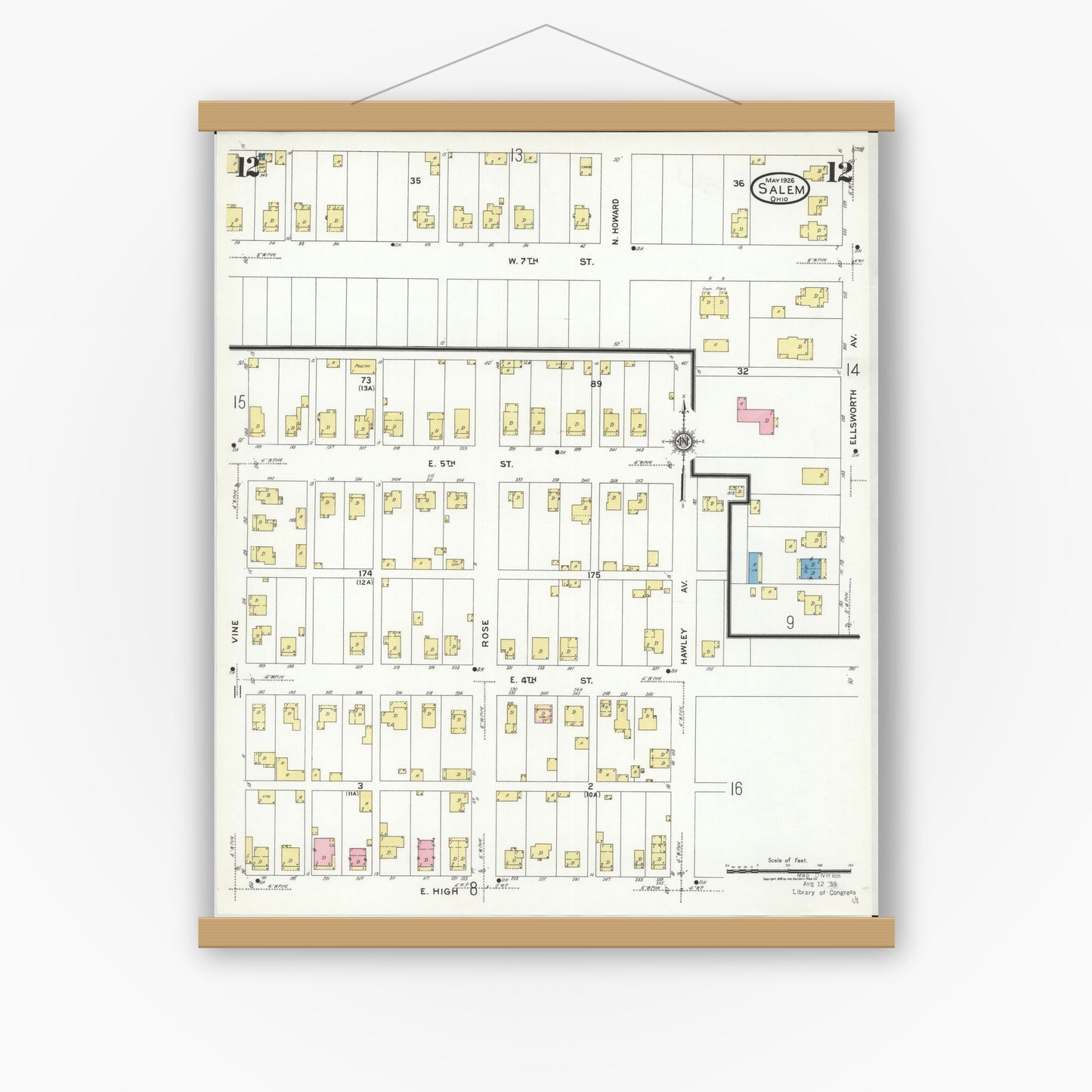 Old map wall art mockup — magnetic wood frame on white wall — Sanborn Fire Insurance Map from Salem, Columbiana County, Ohio (1926), Sheet #0012