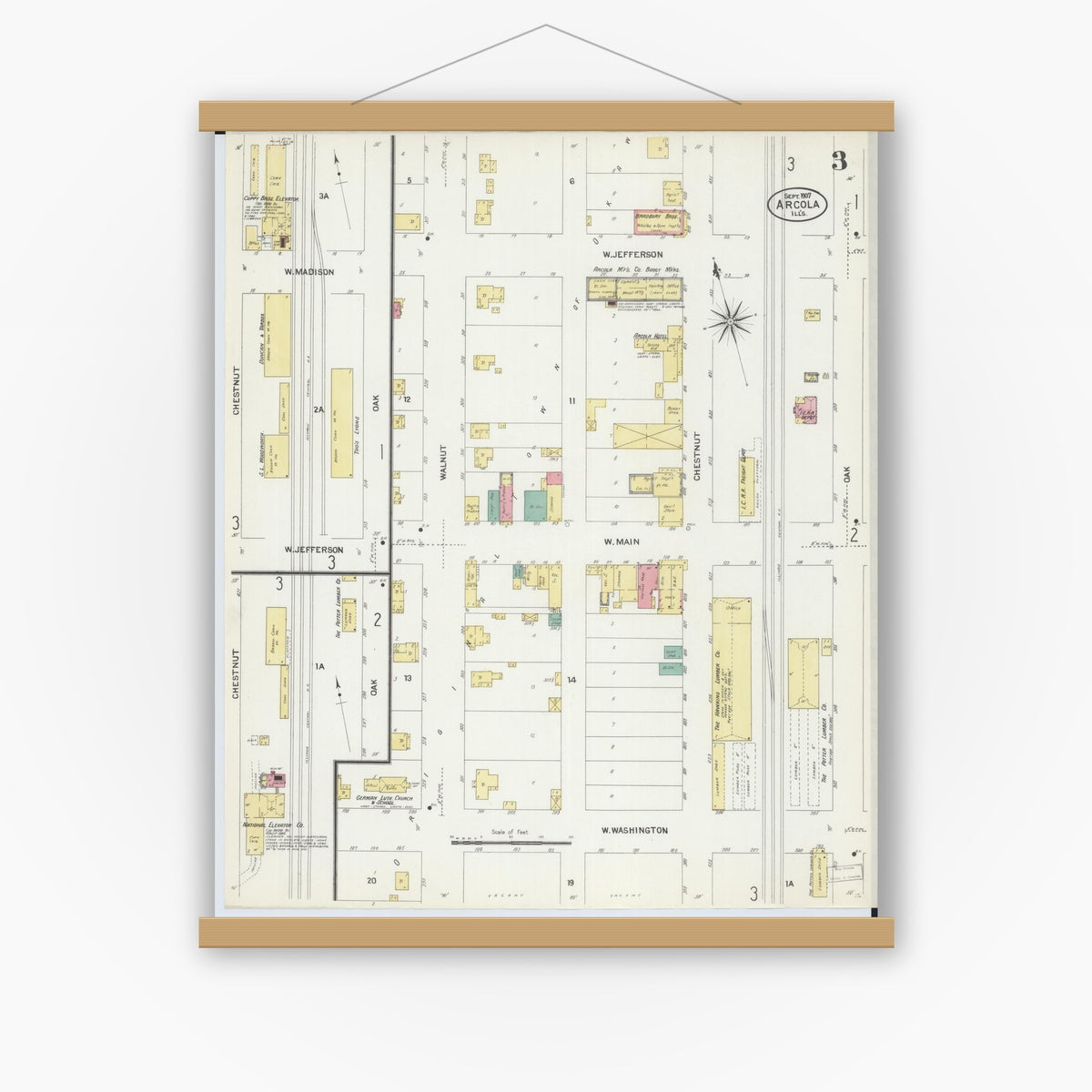Old map wall art mockup — magnetic wood frame on white wall — Sanborn Fire Insurance Map from Arcola, Douglas County, Illinois (1907), Sheet #0003