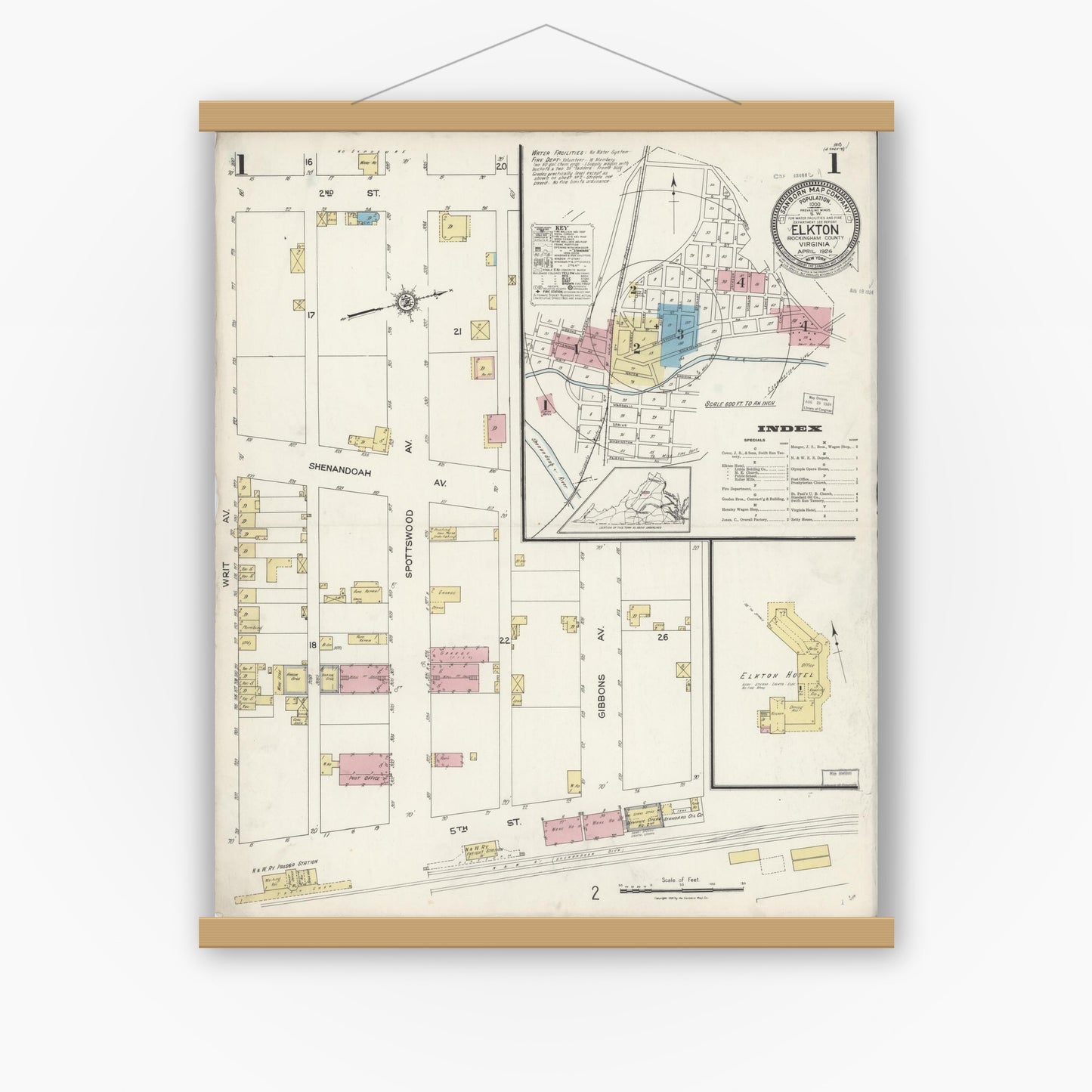 Old map wall art mockup — magnetic wood frame on white wall — Sanborn Fire Insurance Map from Elkton, Rockingham County, Virginia (1924) - Complete Map Set