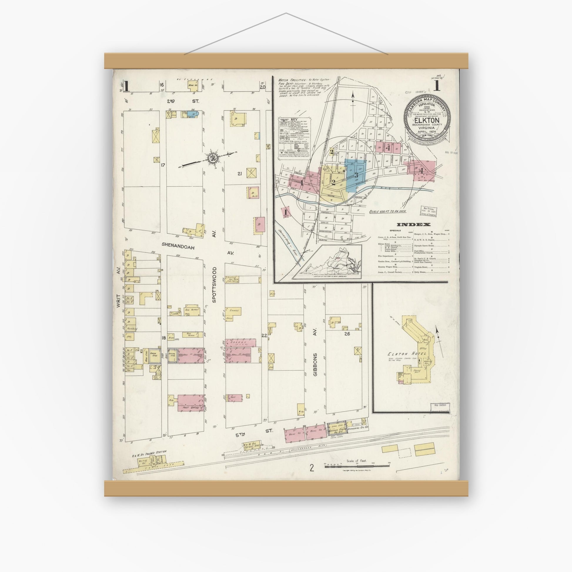 Old map wall art mockup — magnetic wood frame on white wall — Sanborn Fire Insurance Map from Elkton, Rockingham County, Virginia (1924) - Complete Map Set