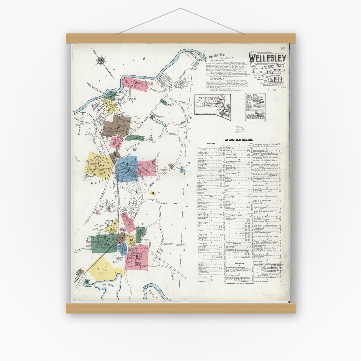 Old map wall art mockup — magnetic wood frame on white wall — Sanborn Fire Insurance Map from Wellesley, Norfolk County, Massachusetts (1919) - Complete Map Set