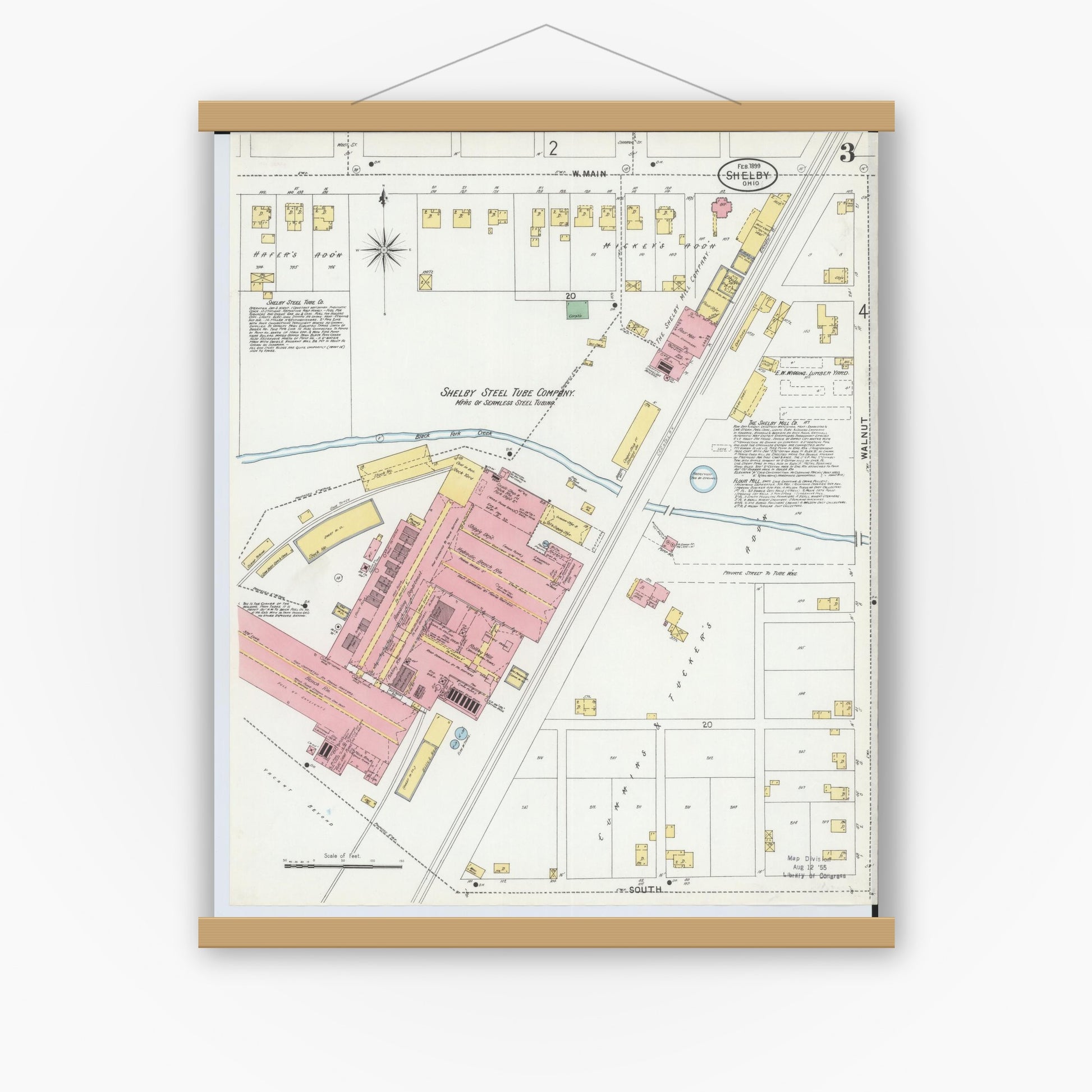 Old map wall art mockup — magnetic wood frame on white wall — Sanborn Fire Insurance Map from Shelby, Richland County, Ohio (1899), Sheet #0003