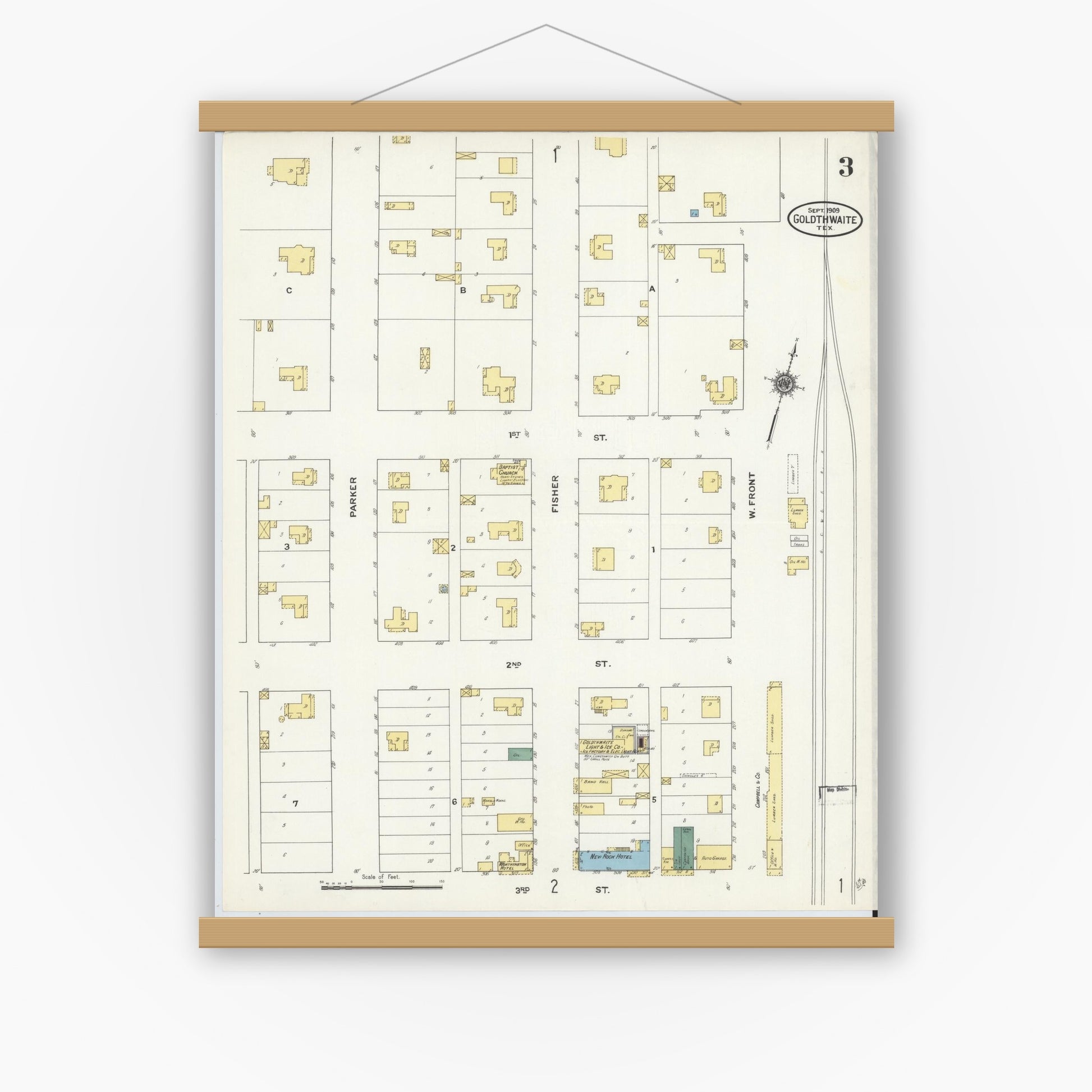Old map wall art mockup — magnetic wood frame on white wall — Sanborn Fire Insurance Map from Goldthwaite, Mills County, Texas (1909), Sheet #0003