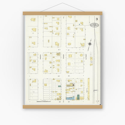 Old map wall art mockup — magnetic wood frame on white wall — Sanborn Fire Insurance Map from Goldthwaite, Mills County, Texas (1909), Sheet #0003