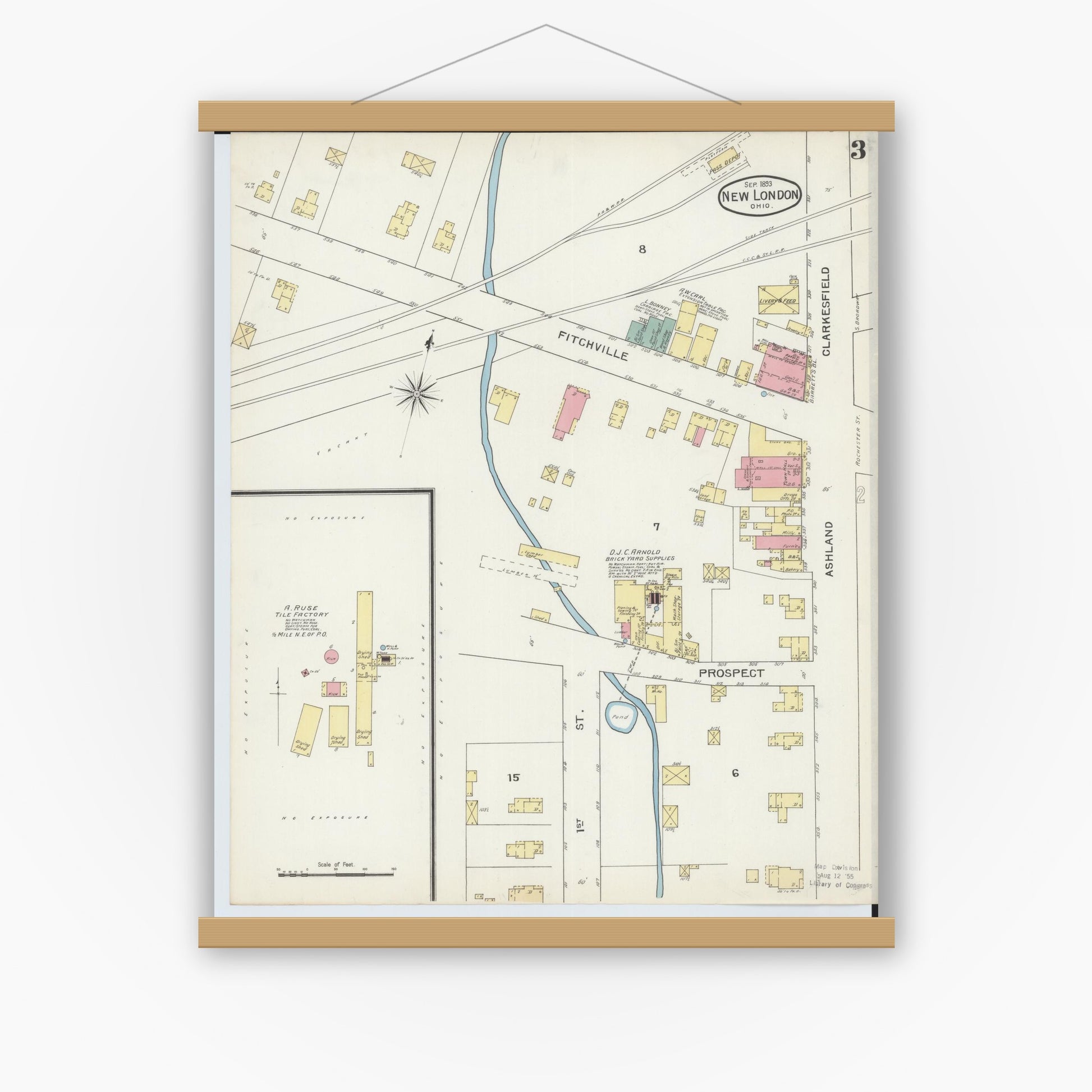 Old map wall art mockup — magnetic wood frame on white wall — Sanborn Fire Insurance Map from New London, Huron County, Ohio (1893), Sheet #0003