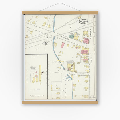Old map wall art mockup — magnetic wood frame on white wall — Sanborn Fire Insurance Map from New London, Huron County, Ohio (1893), Sheet #0003