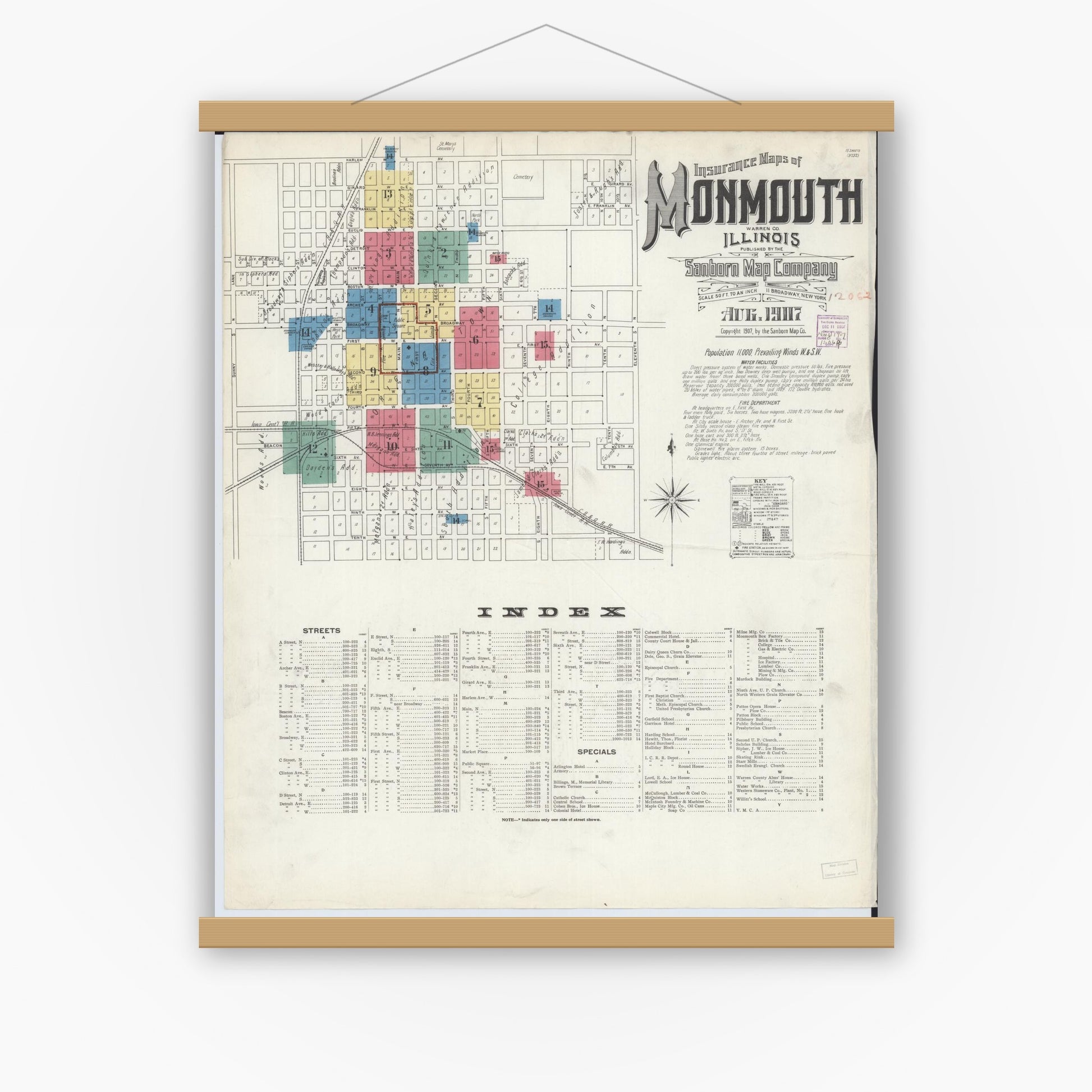 Old map wall art mockup — magnetic wood frame on white wall — Sanborn Fire Insurance Map from Monmouth, Warren County, Illinois (1907), Sheet #0001