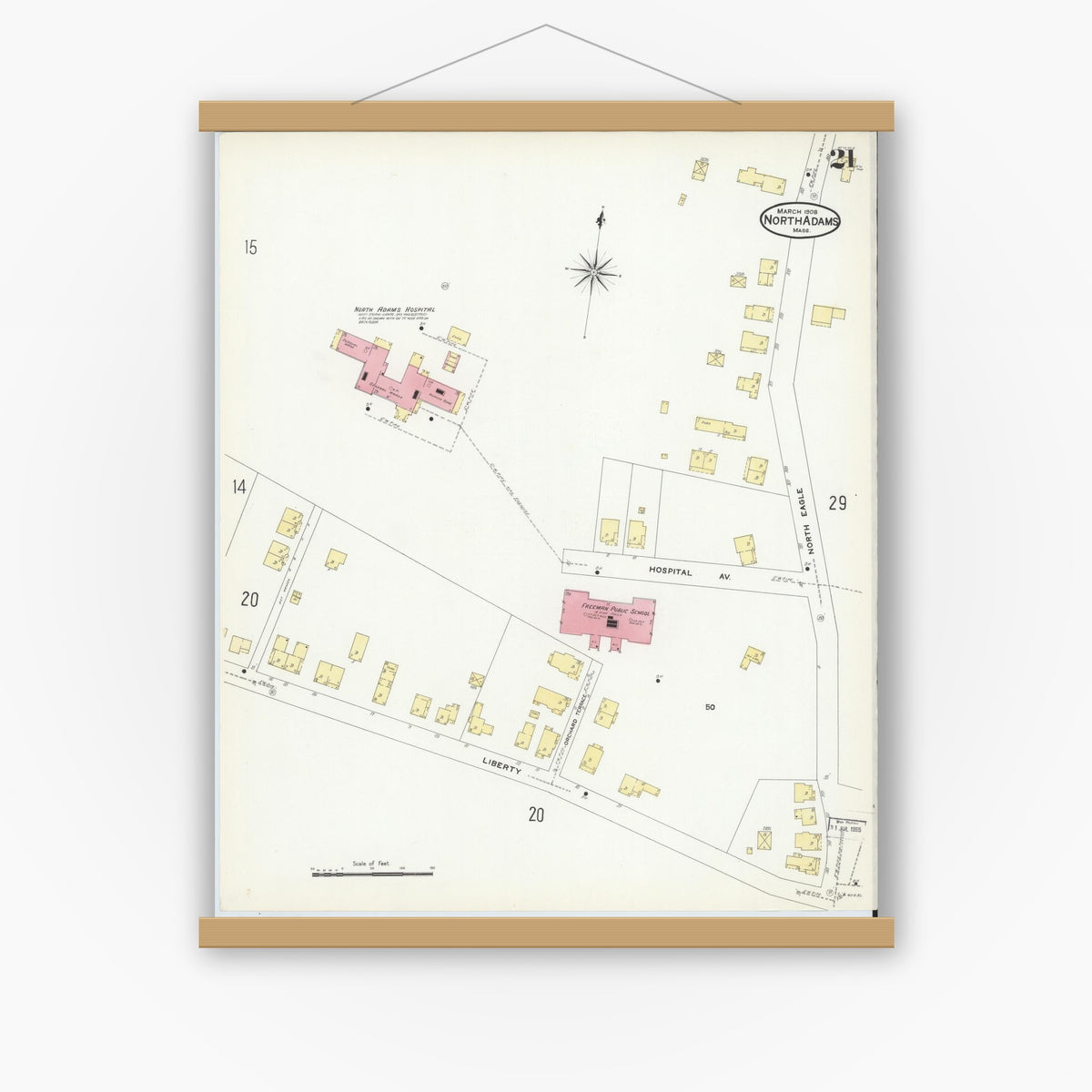 Old map wall art mockup — magnetic wood frame on white wall — Sanborn Fire Insurance Map from North Adams, Berkshire County, Massachusetts (1908), Sheet #0021