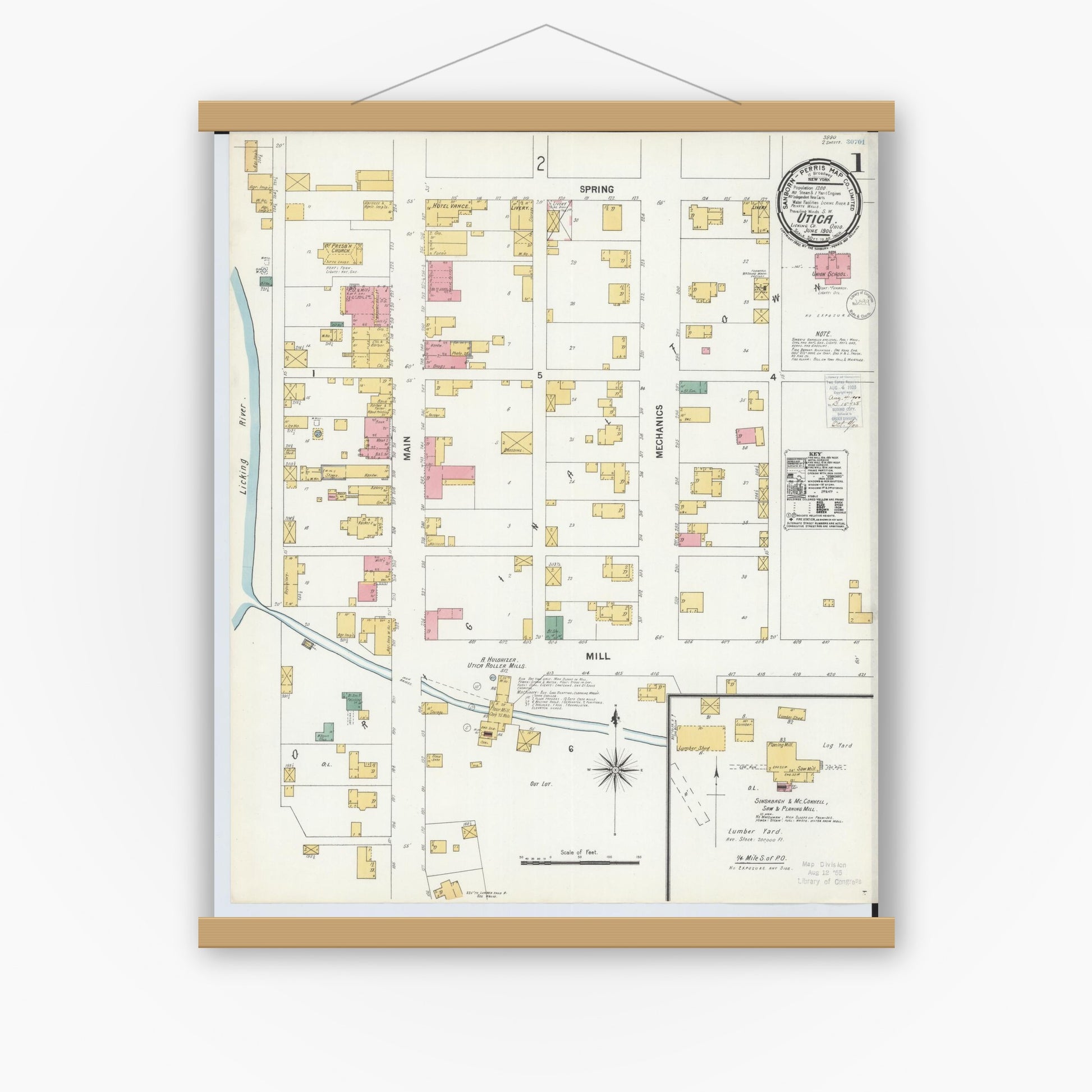 Old map wall art mockup — magnetic wood frame on white wall — Sanborn Fire Insurance Map from Utica, Licking County, Ohio (1900) - Complete Map Set