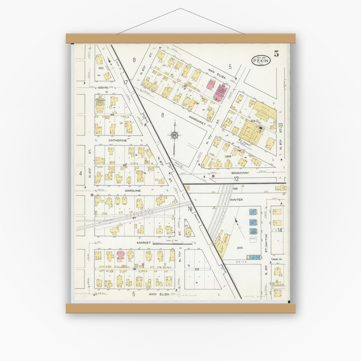 Old map wall art mockup — magnetic wood frame on white wall — Sanborn Fire Insurance Map from Pekin, Tazewell County, Illinois (1916), Sheet #0005