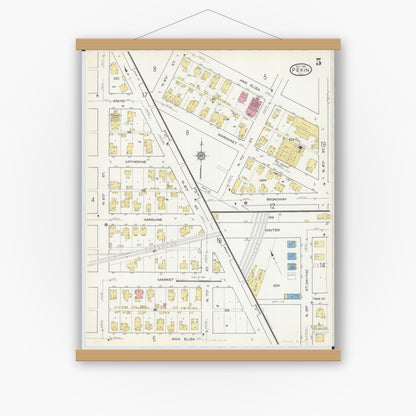 Old map wall art mockup — magnetic wood frame on white wall — Sanborn Fire Insurance Map from Pekin, Tazewell County, Illinois (1916), Sheet #0005