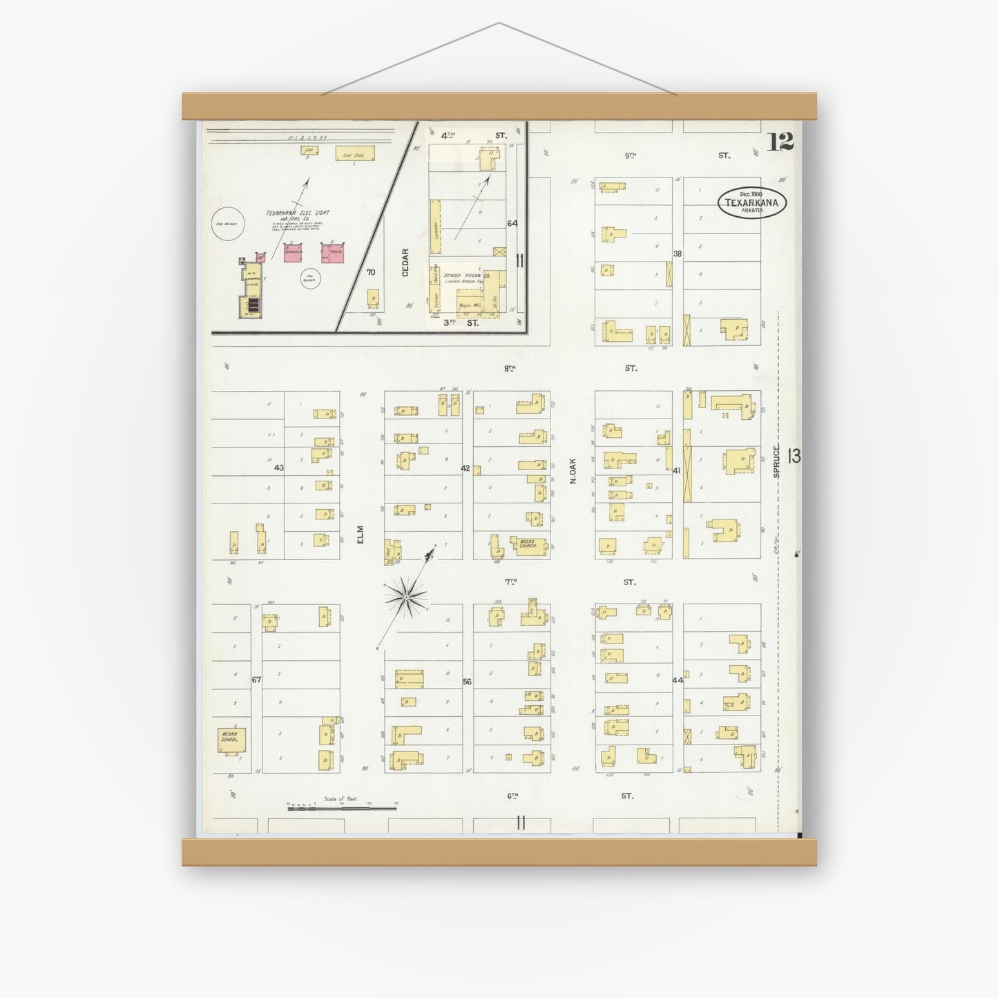 Old map wall art mockup — magnetic wood frame on white wall — Sanborn Fire Insurance Map from Texarkana, Bowie County, Texas (1900), Sheet #0012