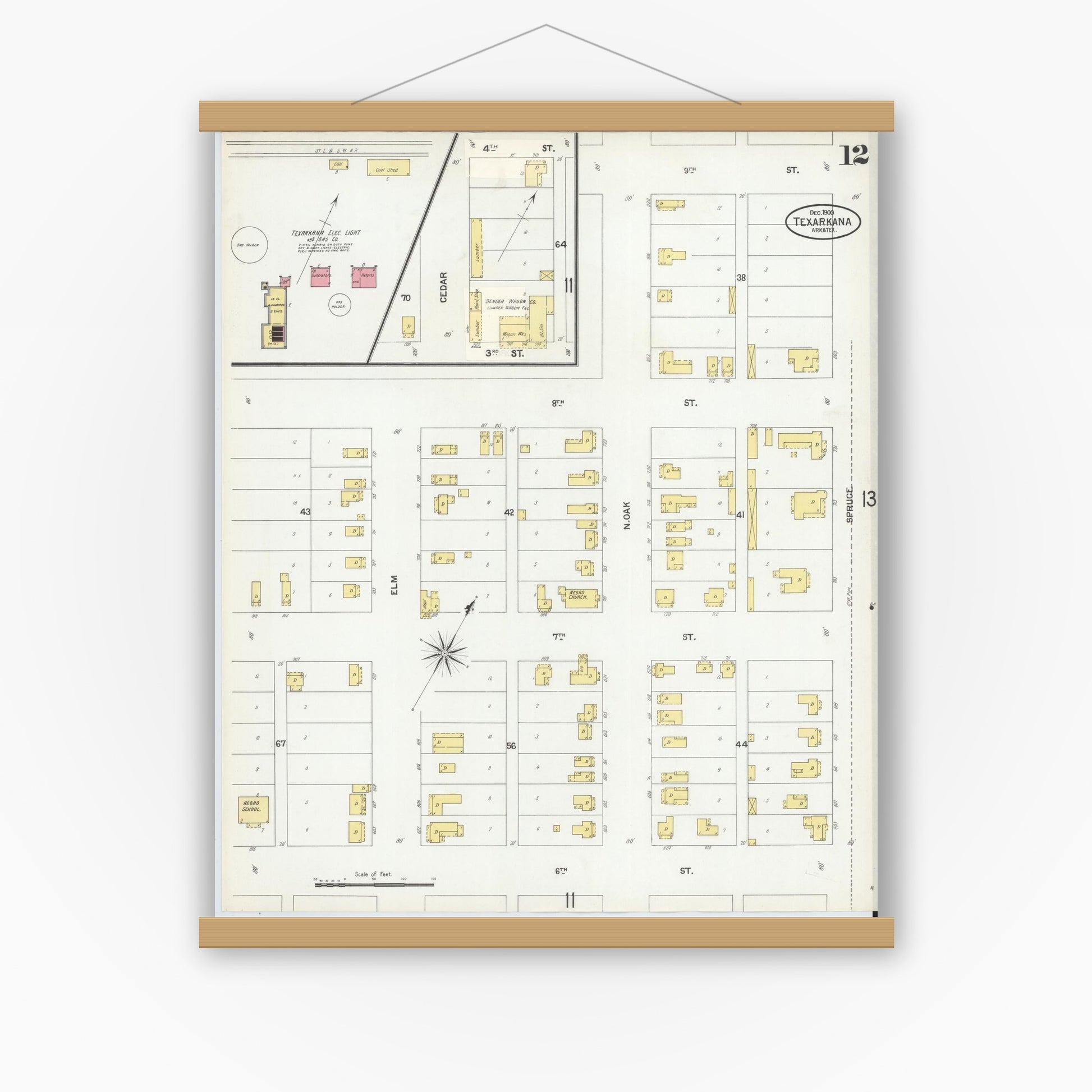 Old map wall art mockup — magnetic wood frame on white wall — Sanborn Fire Insurance Map from Texarkana, Bowie County, Texas (1900), Sheet #0012