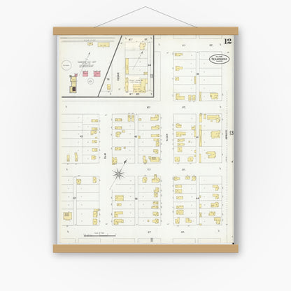 Old map wall art mockup — magnetic wood frame on white wall — Sanborn Fire Insurance Map from Texarkana, Bowie County, Texas (1900), Sheet #0012