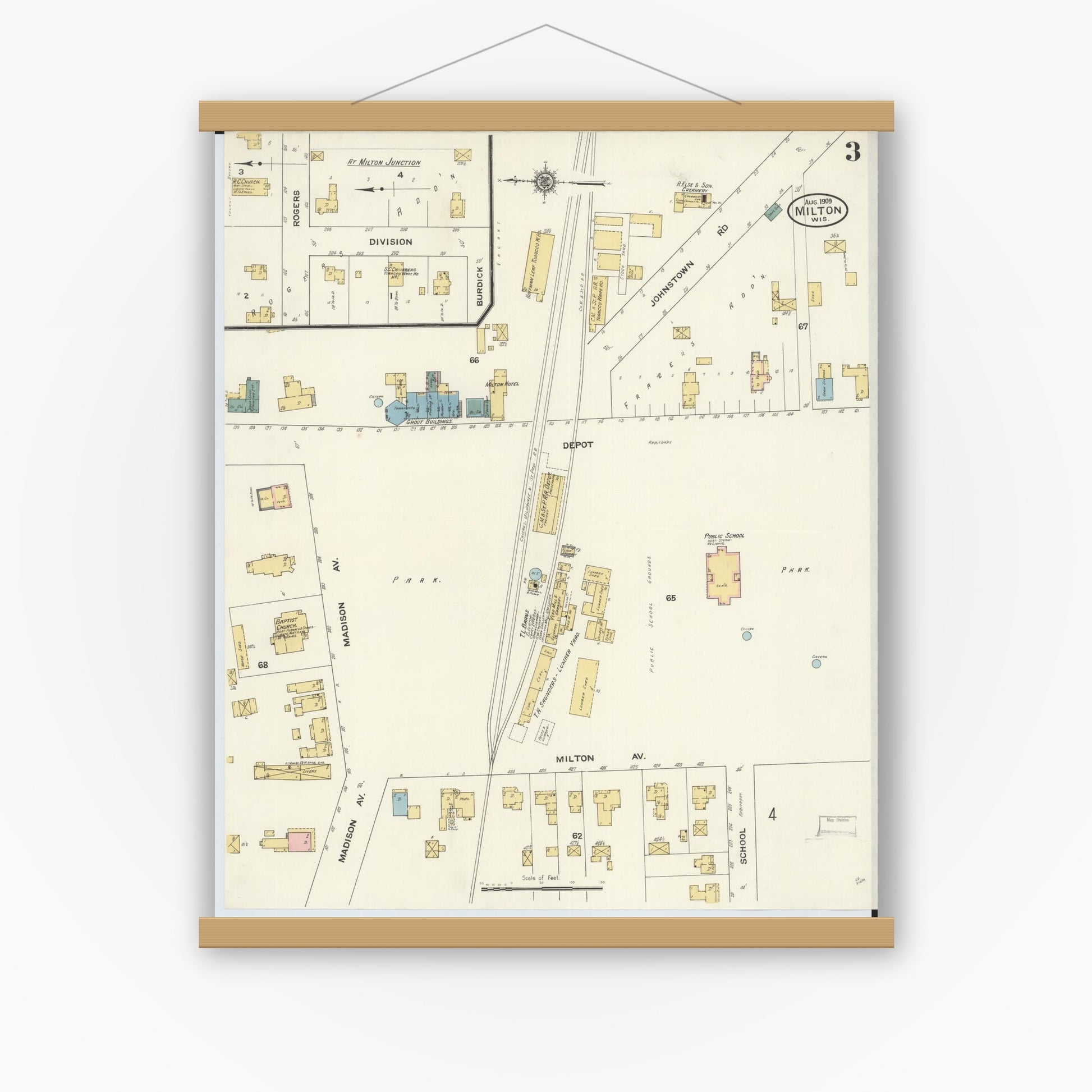 Old map wall art mockup — magnetic wood frame on white wall — Sanborn Fire Insurance Map from Milton, Rock County, Wisconsin (1909), Sheet #0003