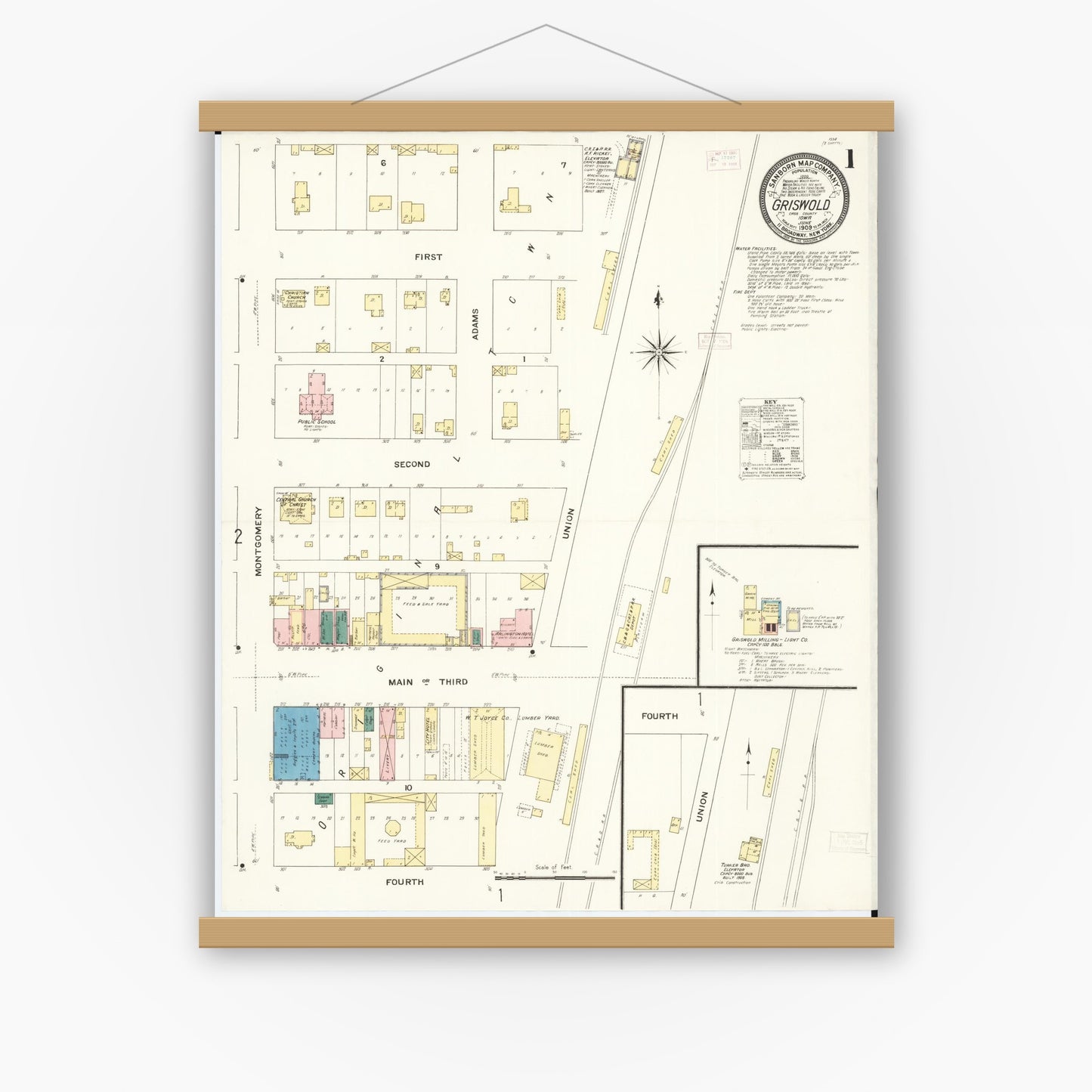 Old map wall art mockup — magnetic wood frame on white wall — Sanborn Fire Insurance Map from Griswold, Cass County, Iowa (1909) â€” Complete Set