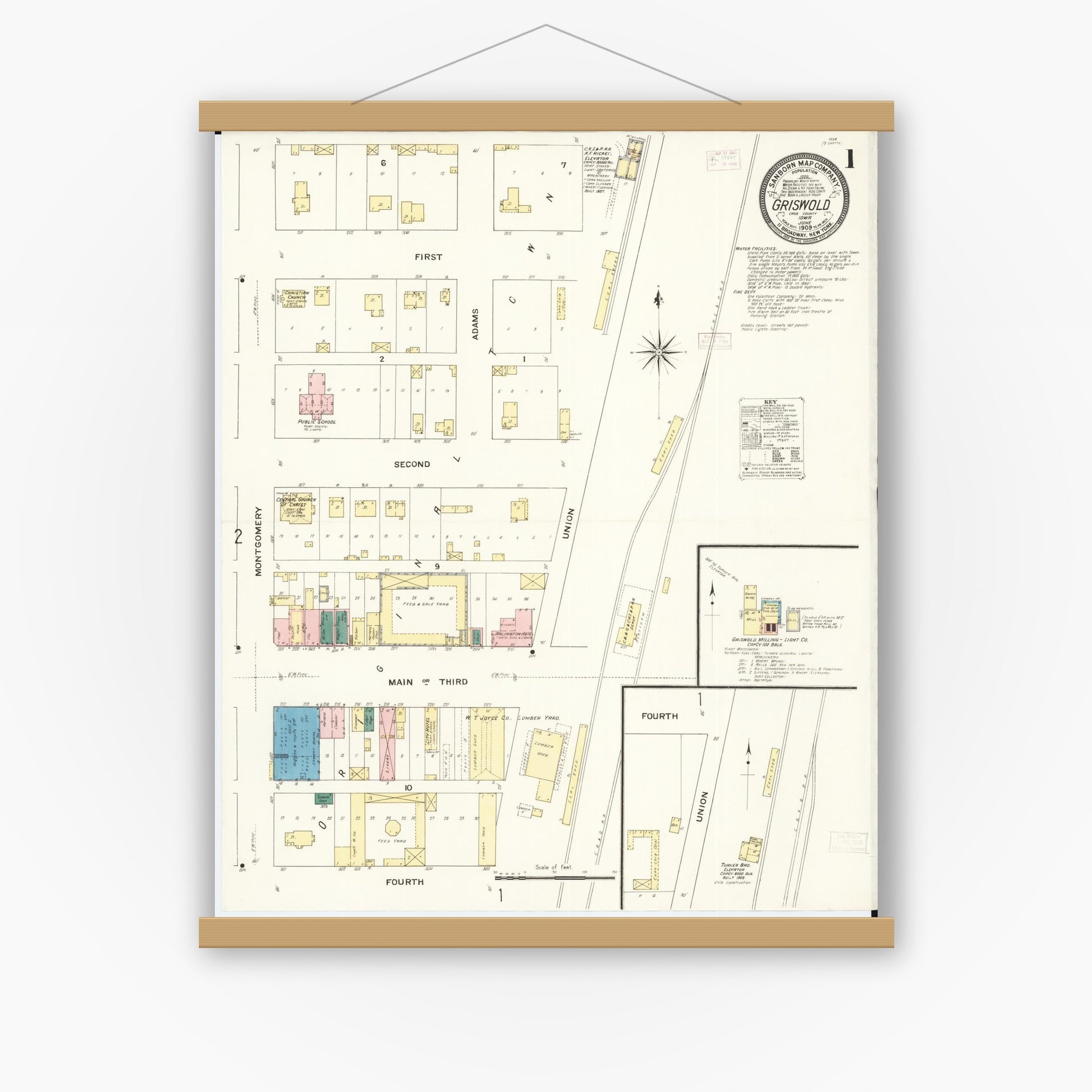 Old map wall art mockup — magnetic wood frame on white wall — Sanborn Fire Insurance Map from Griswold, Cass County, Iowa (1909) â€” Complete Set