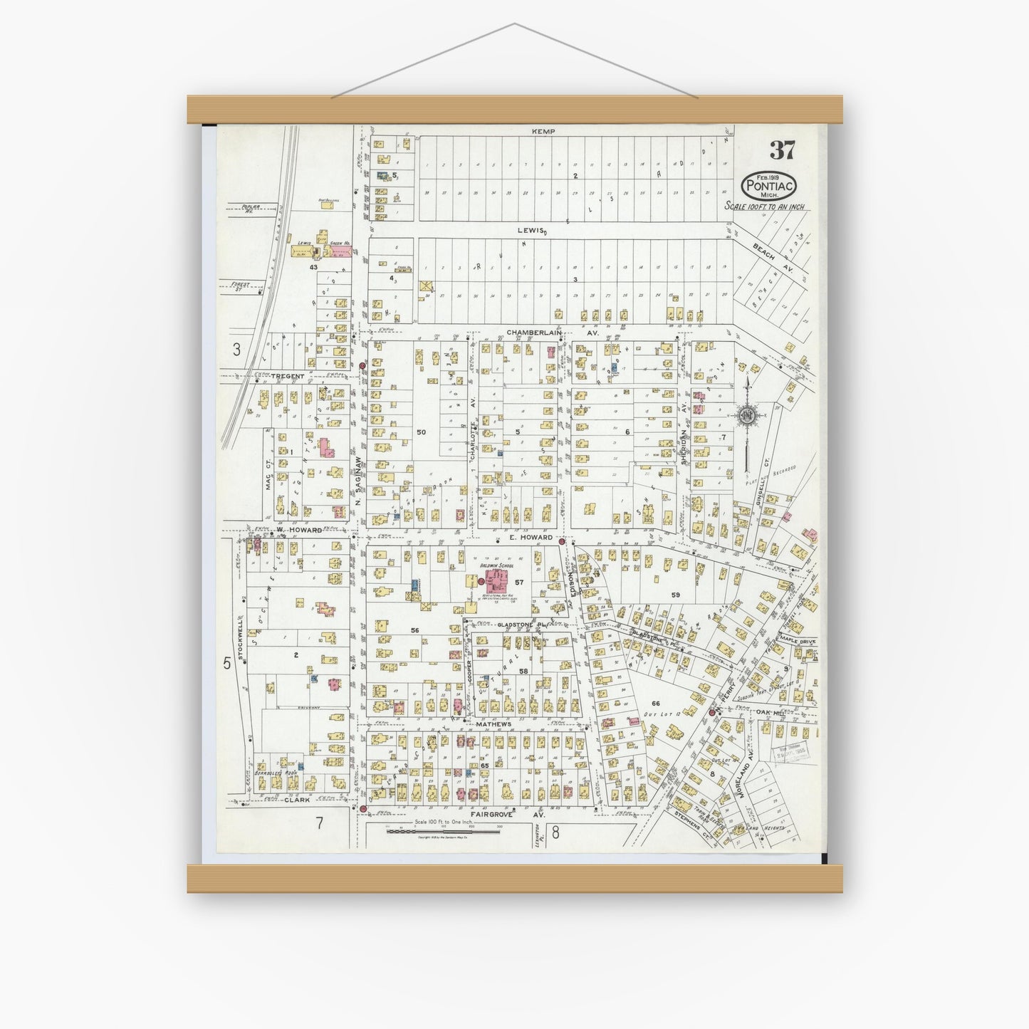 Old map wall art mockup — magnetic wood frame on white wall — Sanborn Fire Insurance Map from Pontiac, Oakland County, Michigan (1919), Sheet #0037
