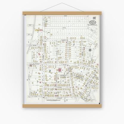 Old map wall art mockup — magnetic wood frame on white wall — Sanborn Fire Insurance Map from Pontiac, Oakland County, Michigan (1919), Sheet #0037