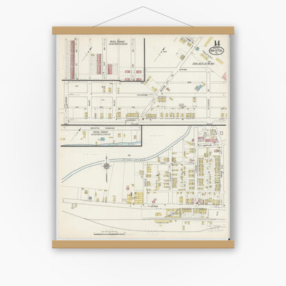 Old map wall art mockup — magnetic wood frame on white wall — Sanborn Fire Insurance Map from Bristol, Bucks County, Pennsylvania (1915), Sheet #0014
