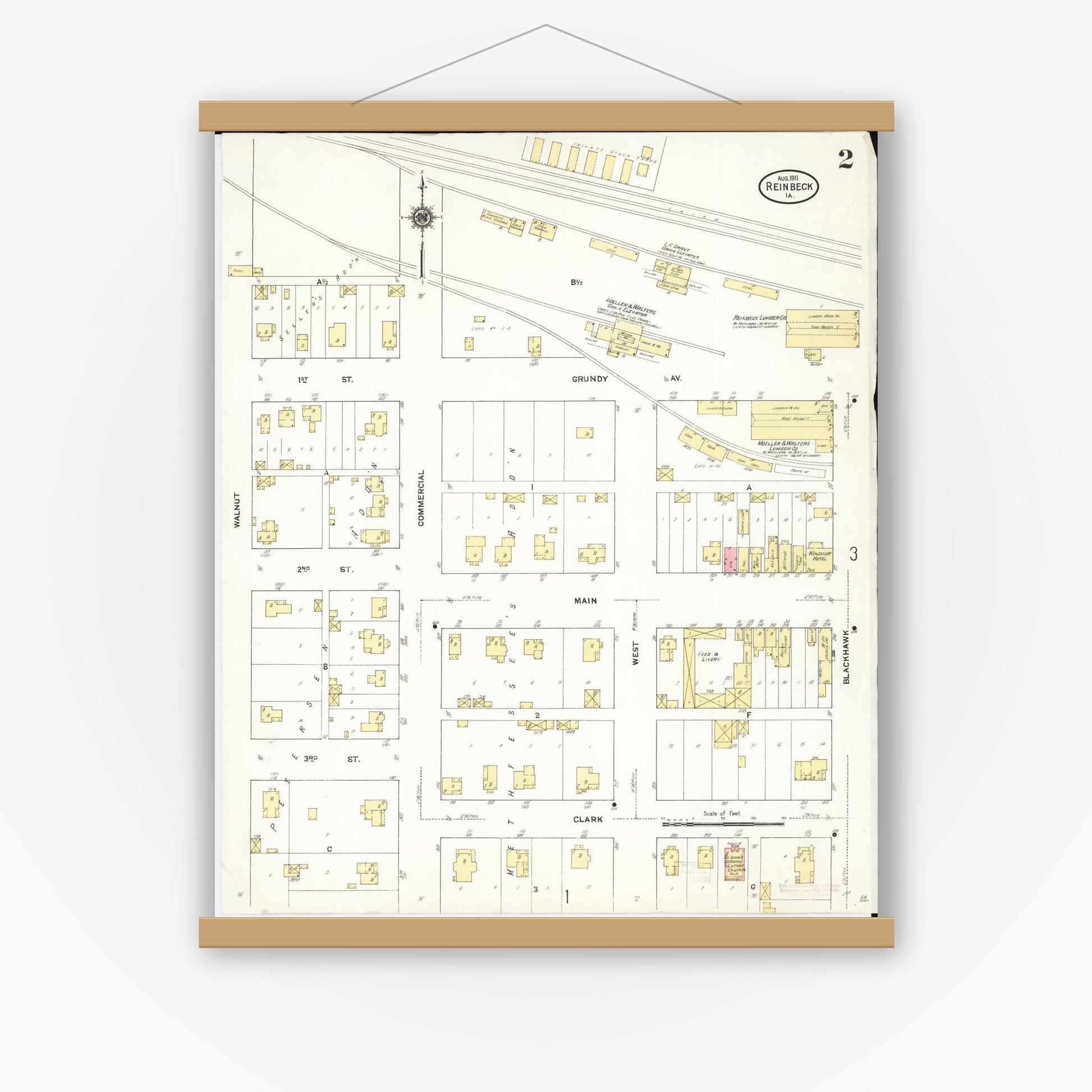 Old map wall art mockup — magnetic wood frame on white wall — Sanborn Fire Insurance Map from Reinbeck, Grundy County, Iowa (1911), Sheet #0002