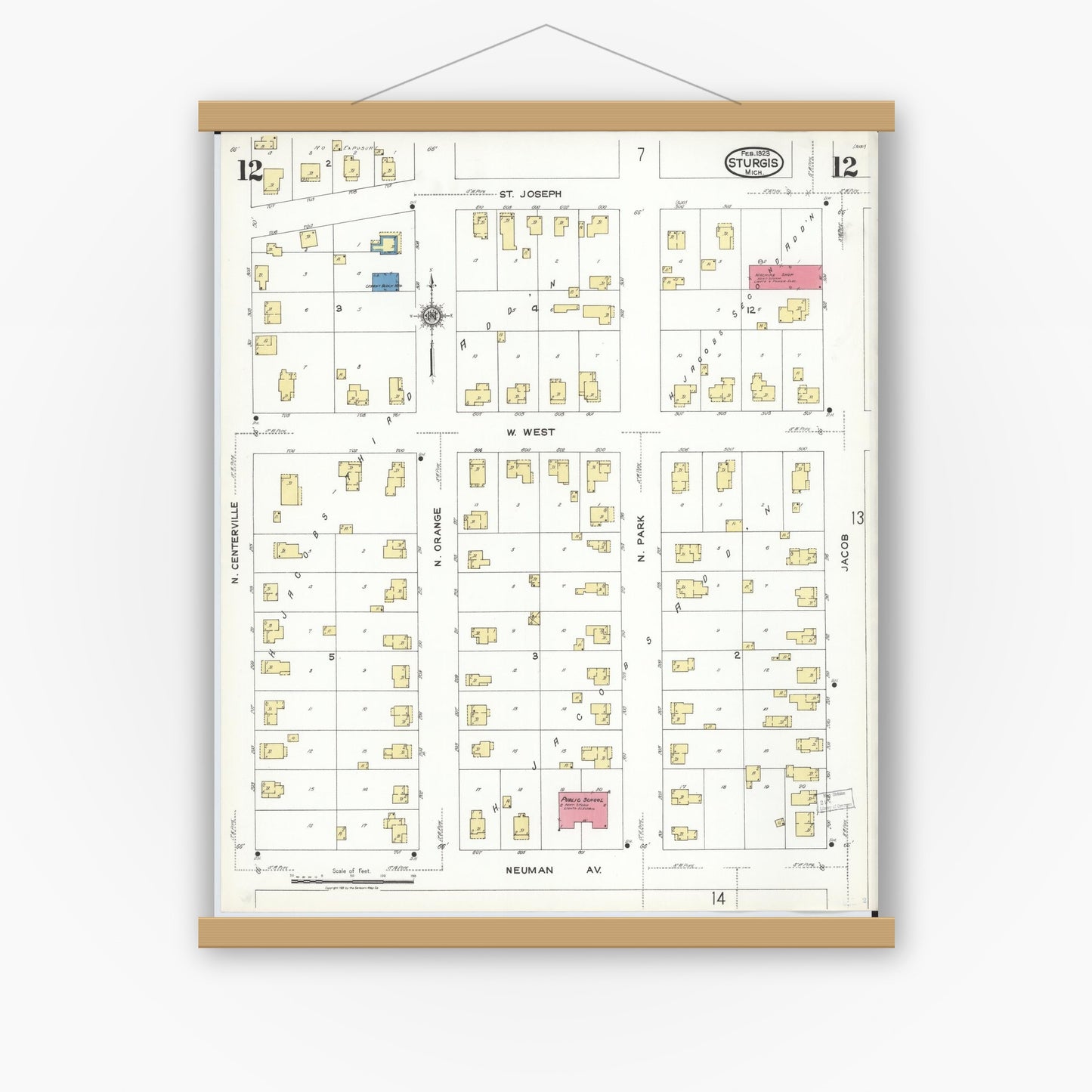 Old map wall art mockup — magnetic wood frame on white wall — Sanborn Fire Insurance Map from Sturgis, Saint Joseph County, Michigan (1923), Sheet #0012