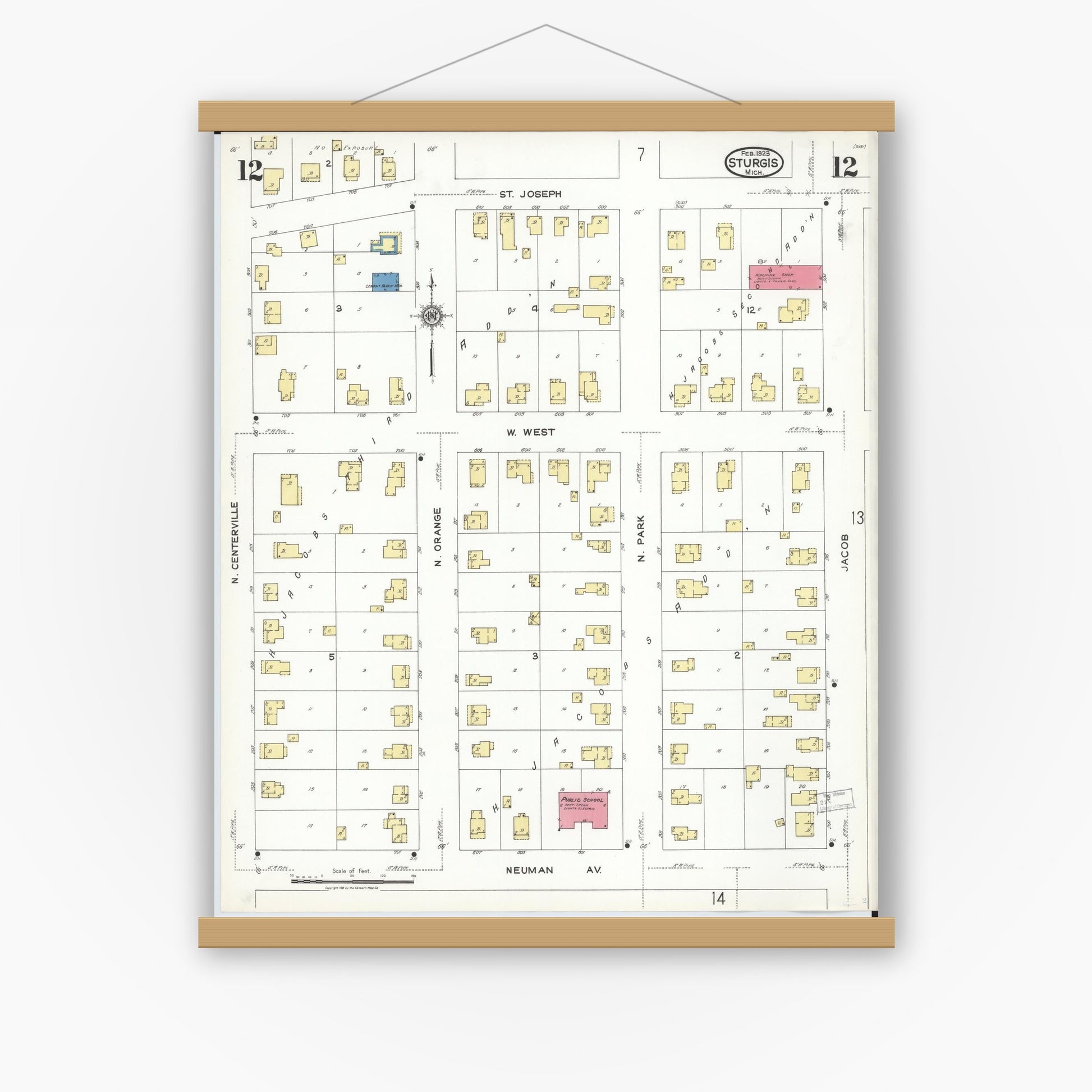 Old map wall art mockup — magnetic wood frame on white wall — Sanborn Fire Insurance Map from Sturgis, Saint Joseph County, Michigan (1923), Sheet #0012