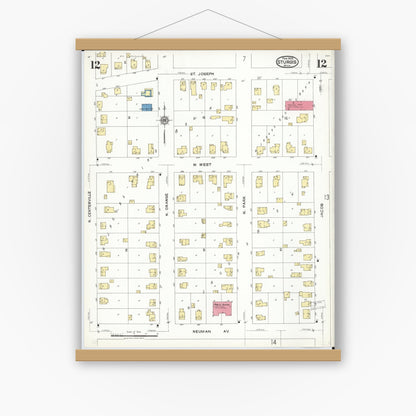 Old map wall art mockup — magnetic wood frame on white wall — Sanborn Fire Insurance Map from Sturgis, Saint Joseph County, Michigan (1923), Sheet #0012