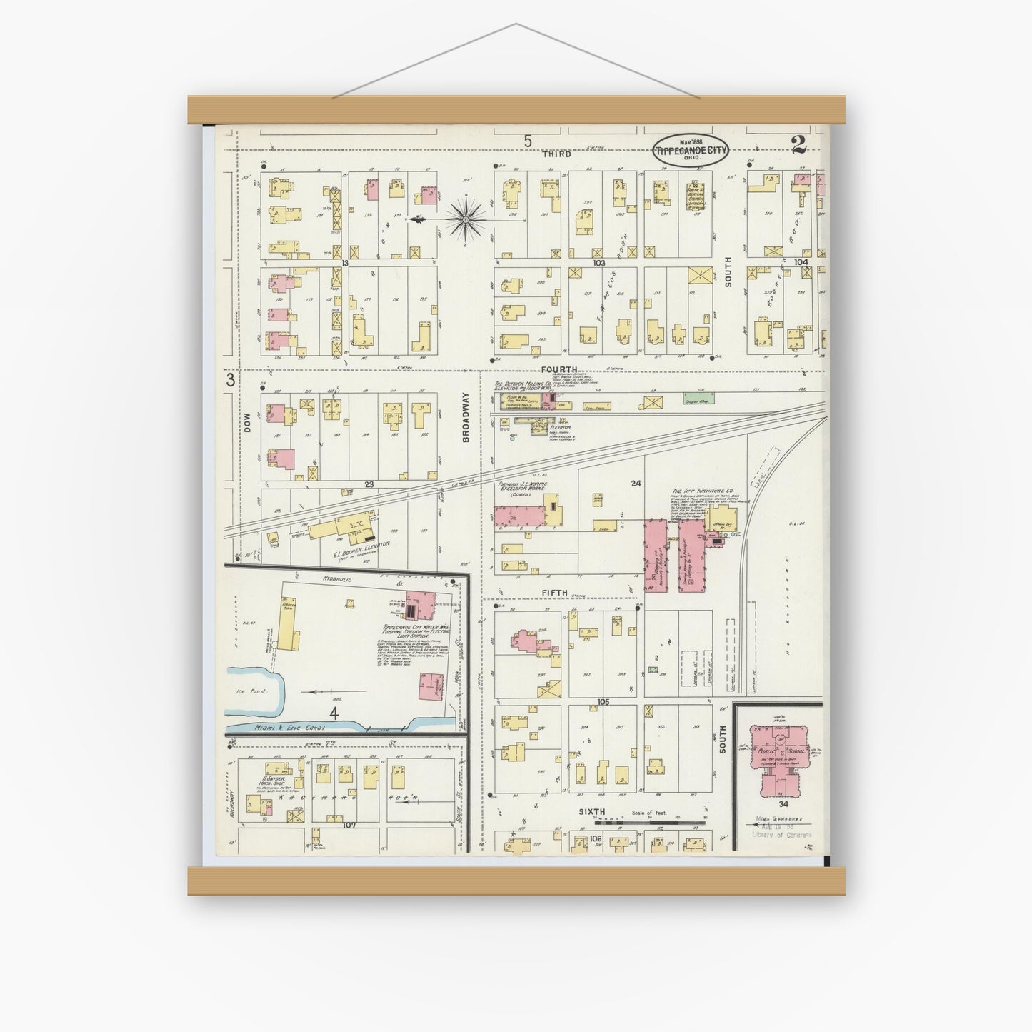 Old map wall art mockup — magnetic wood frame on white wall — Sanborn Fire Insurance Map from Tipp City, Miami County, Ohio (1898), Sheet #0002
