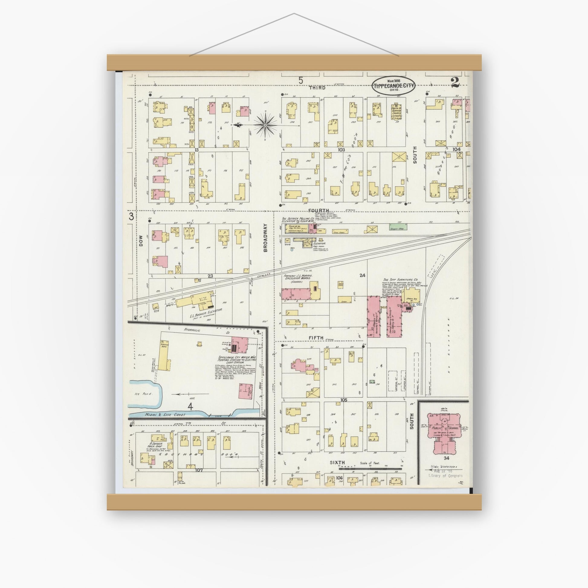 Old map wall art mockup — magnetic wood frame on white wall — Sanborn Fire Insurance Map from Tipp City, Miami County, Ohio (1898), Sheet #0002