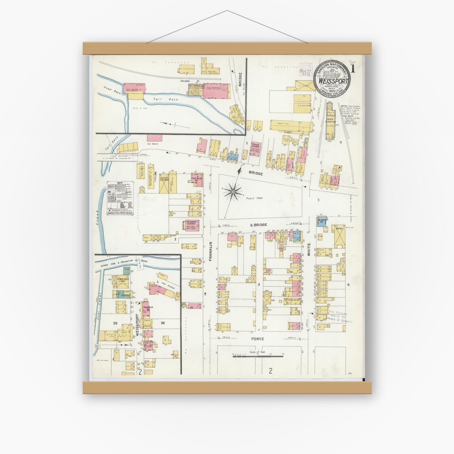 Old map wall art mockup — magnetic wood frame on white wall — Sanborn Fire Insurance Map from Weissport, Carbon County, Pennsylvania (1908) - Complete Map Set