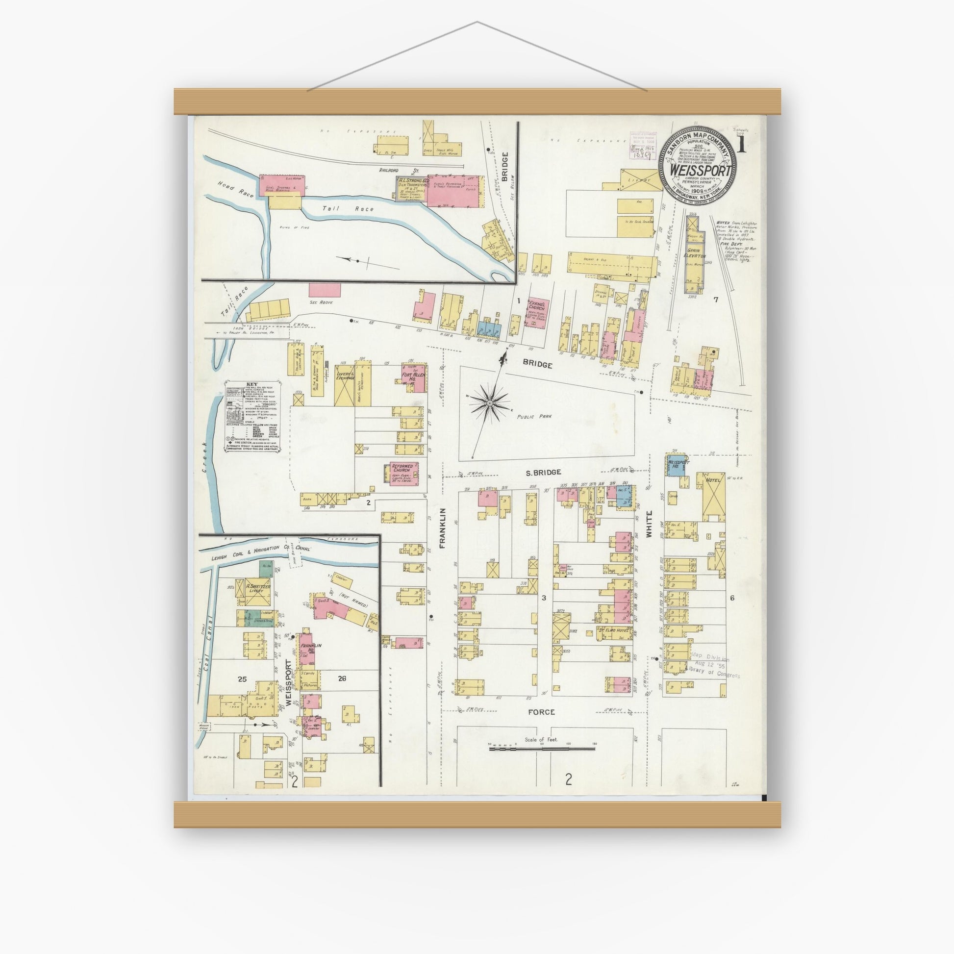 Old map wall art mockup — magnetic wood frame on white wall — Sanborn Fire Insurance Map from Weissport, Carbon County, Pennsylvania (1908) - Complete Map Set