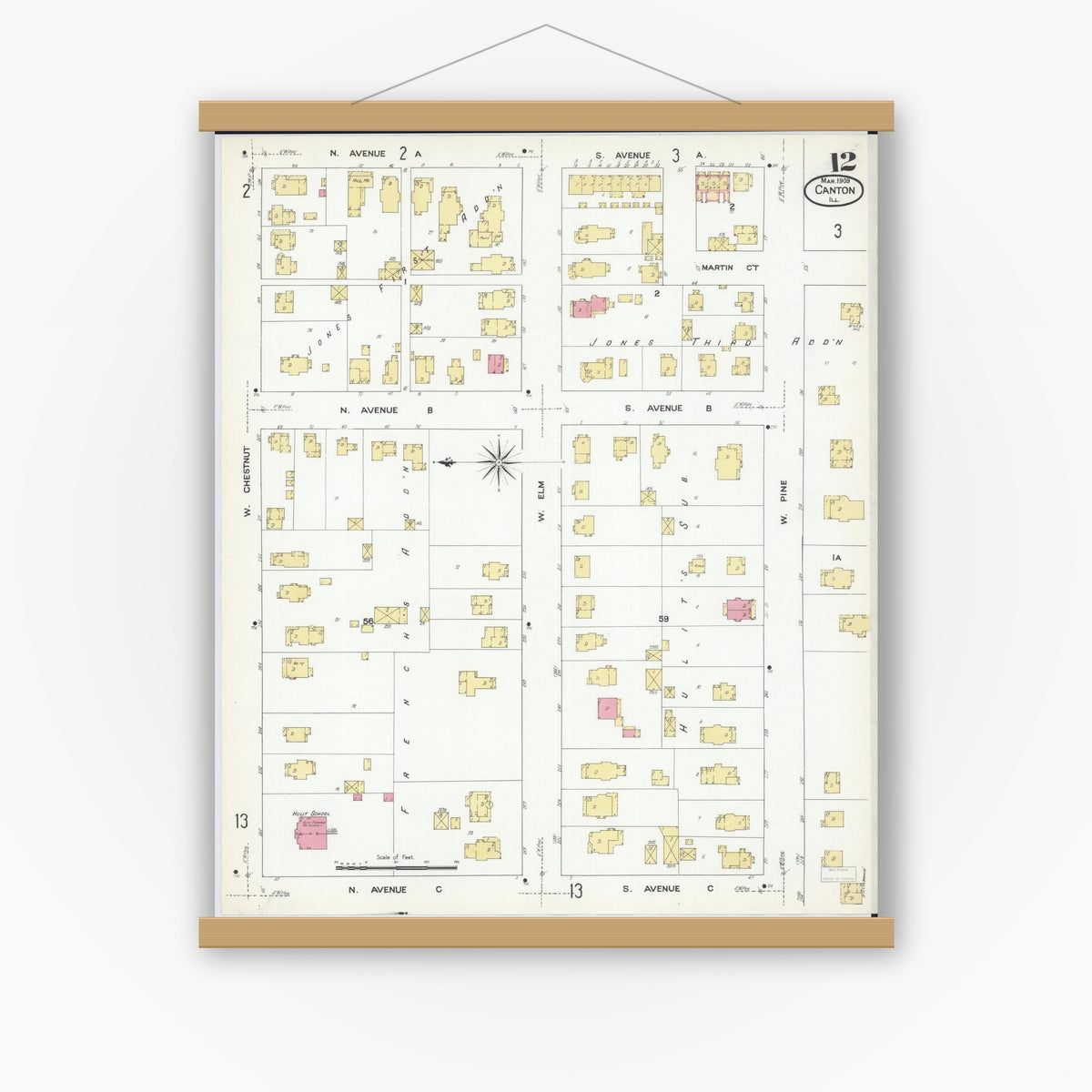 Old map wall art mockup — magnetic wood frame on white wall — Sanborn Fire Insurance Map from Canton, Fulton County, Illinois (1909), Sheet #0012