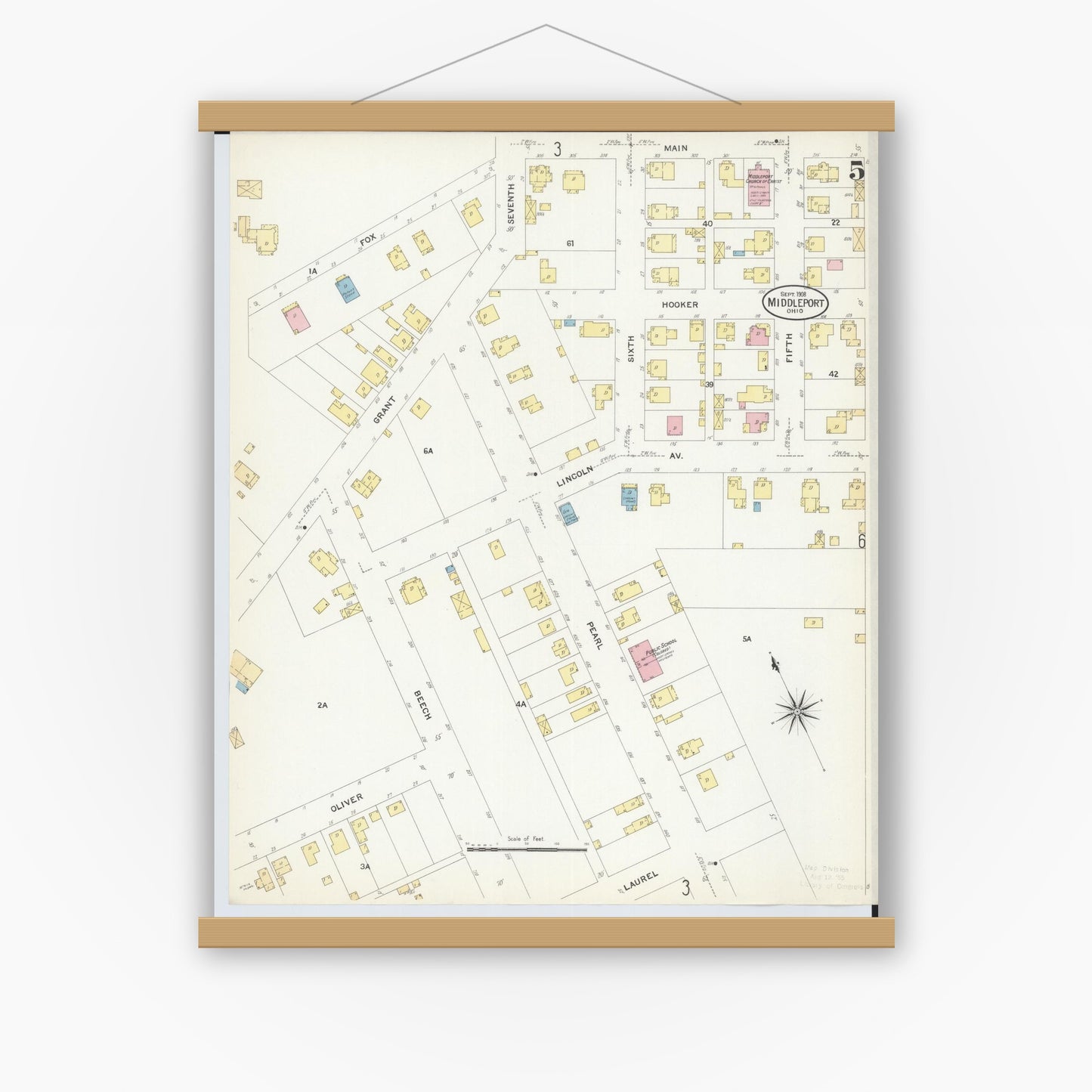 Old map wall art mockup — magnetic wood frame on white wall — Sanborn Fire Insurance Map from Middleport, Meigs County, Ohio (1908), Sheet #0005
