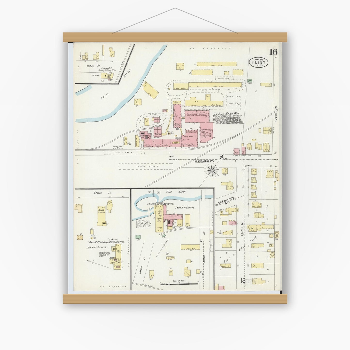 Old map wall art mockup — magnetic wood frame on white wall — Sanborn Fire Insurance Map from Flint, Genesee County, Michigan (1898), Sheet #0016