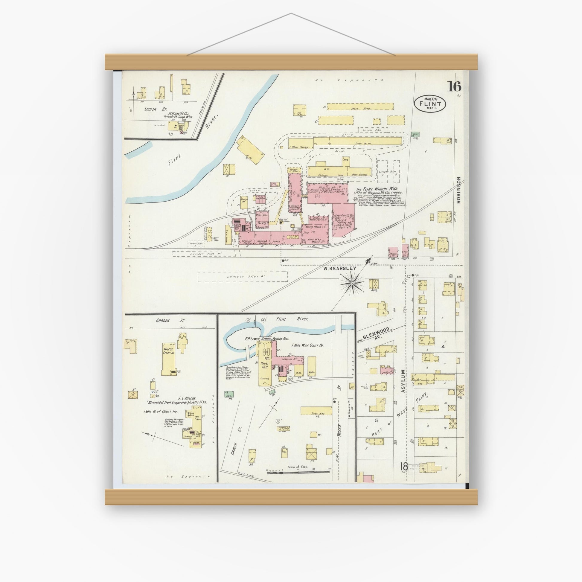 Old map wall art mockup — magnetic wood frame on white wall — Sanborn Fire Insurance Map from Flint, Genesee County, Michigan (1898), Sheet #0016