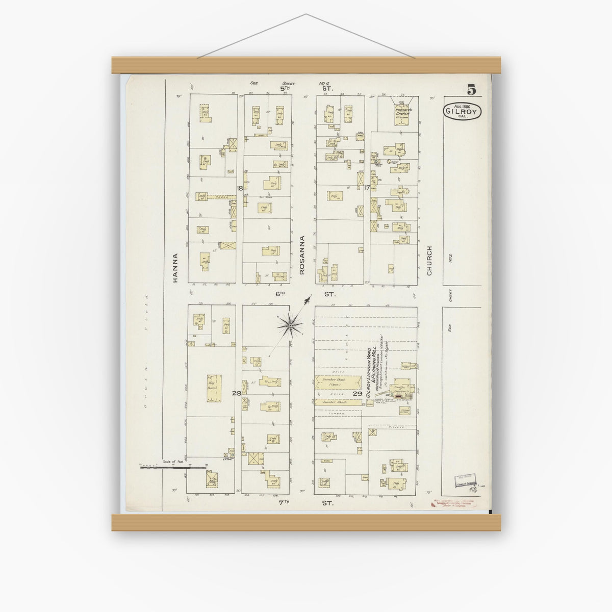 Old map wall art mockup — magnetic wood frame on white wall — Sanborn Fire Insurance Map from Gilroy, Santa Clara County, California (1886), Sheet #0005