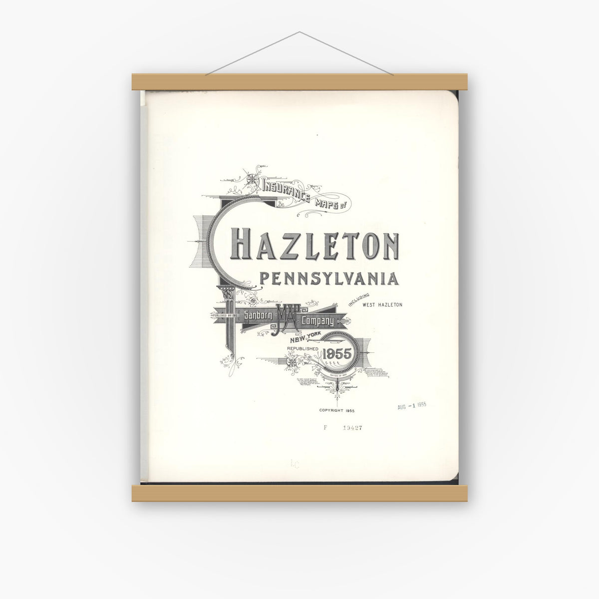 Old map wall art mockup — magnetic wood frame on white wall — Sanborn Fire Insurance Map from Hazleton, Luzerne County, Pennsylvania (1955), Sheet #0001