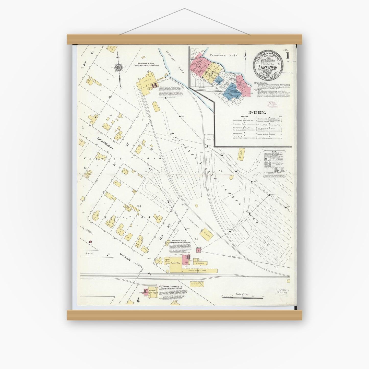 Old map wall art mockup — magnetic wood frame on white wall — Sanborn Fire Insurance Map from Lakeview, Montcalm County, Michigan (1911) - Complete Map Set