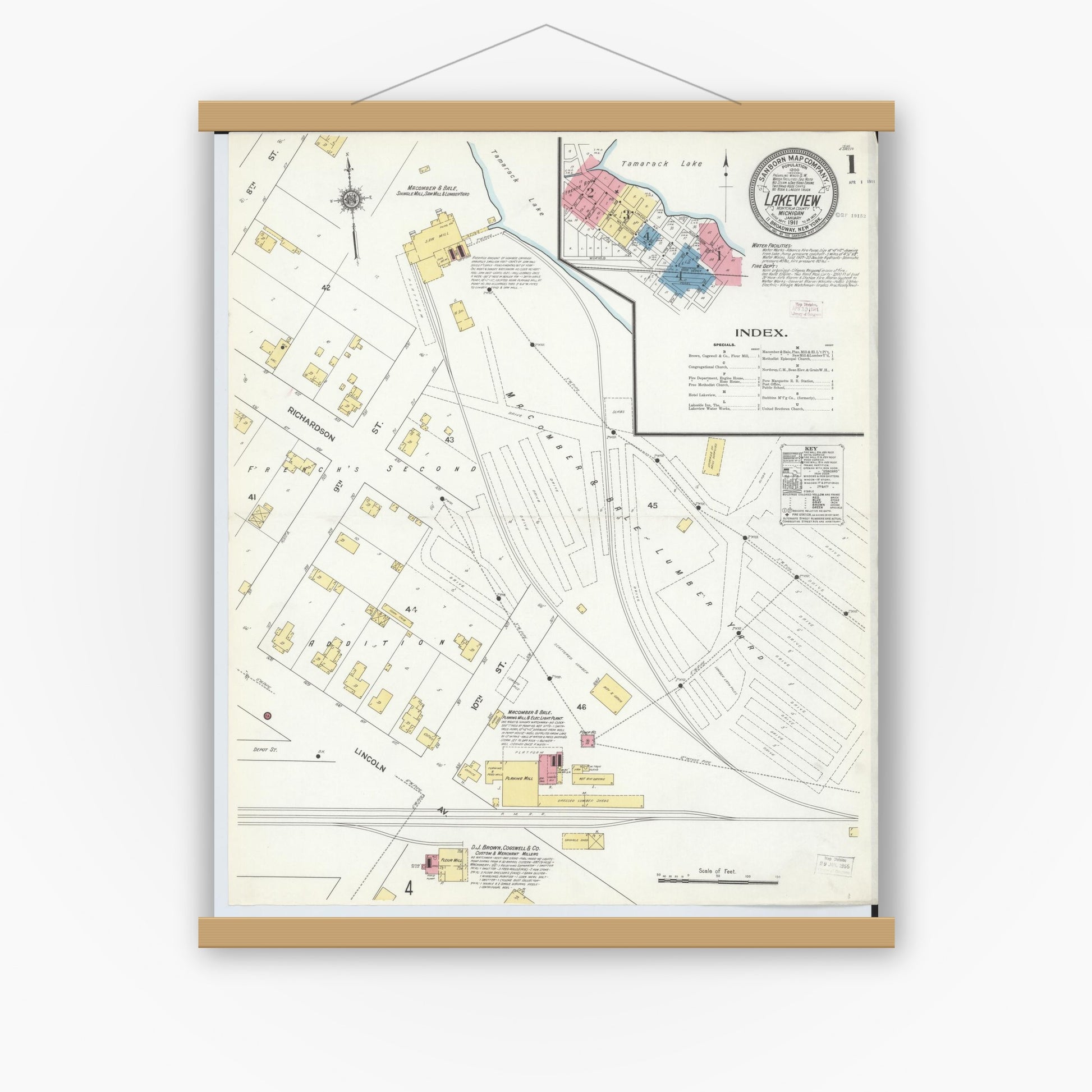 Old map wall art mockup — magnetic wood frame on white wall — Sanborn Fire Insurance Map from Lakeview, Montcalm County, Michigan (1911) - Complete Map Set