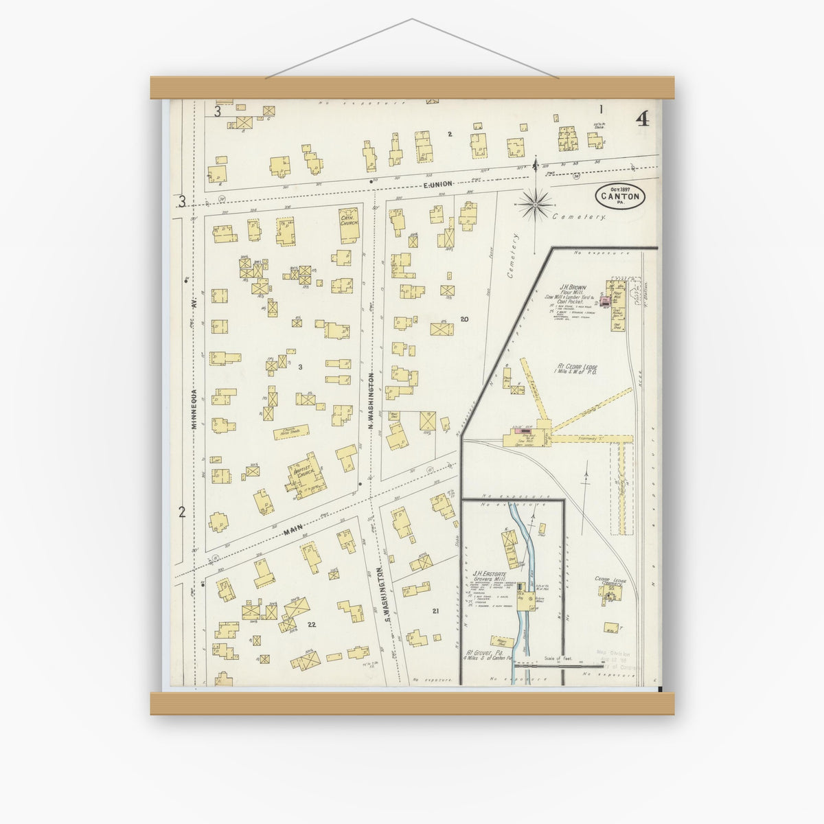 Old map wall art mockup — magnetic wood frame on white wall — Sanborn Fire Insurance Map from Canton, Bradford County, Pennsylvania (1897), Sheet #0004