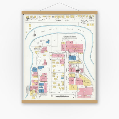 Old map wall art mockup — magnetic wood frame on white wall — Sanborn Fire Insurance Map from Elyria, Lorain County, Ohio (1925), Sheet #0027