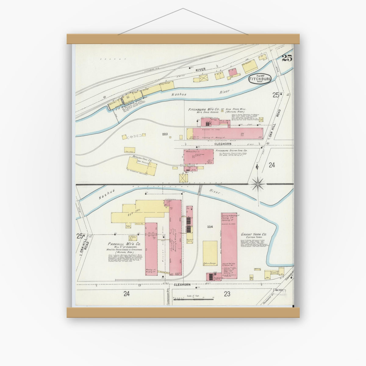 Old map wall art mockup — magnetic wood frame on white wall — Sanborn Fire Insurance Map from Fitchburg, Worcester County, Massachusetts (1897), Sheet #0025