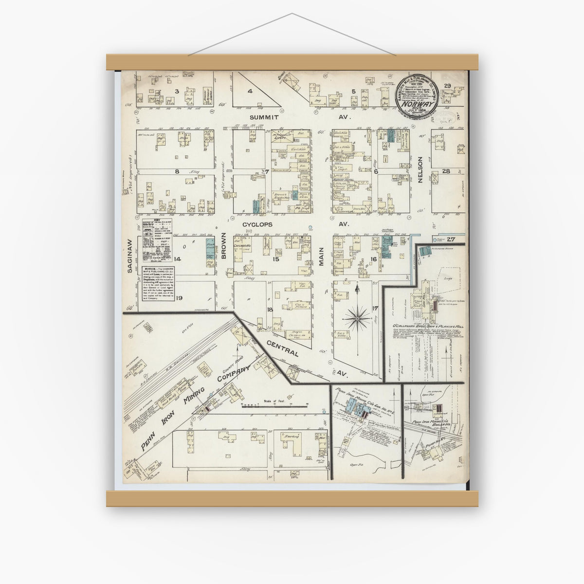 Old map wall art mockup — magnetic wood frame on white wall — Sanborn Fire Insurance Map from Norway, Dickinson County, Michigan (1884), Sheet #0001