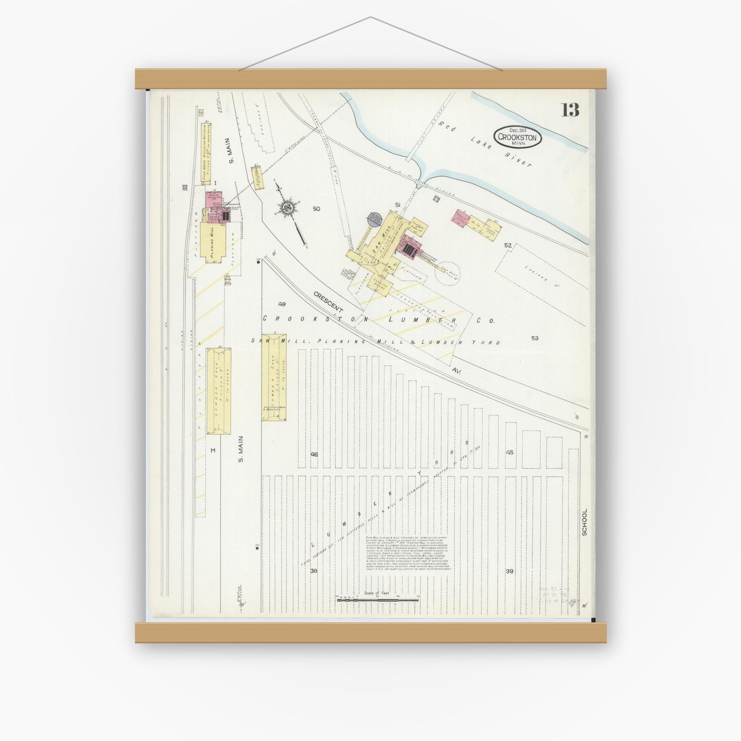 Old map wall art mockup — magnetic wood frame on white wall — Sanborn Fire Insurance Map from Crookston, Polk County, Minnesota (1913), Sheet #0013