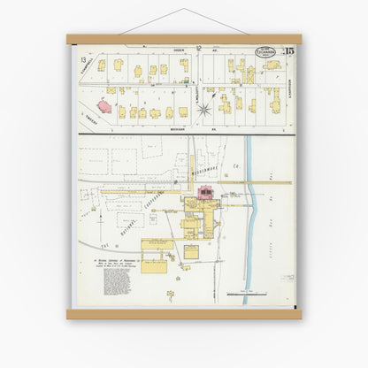 Old map wall art mockup — magnetic wood frame on white wall — Sanborn Fire Insurance Map from Escanaba, Delta County, Michigan (1899), Sheet #0015