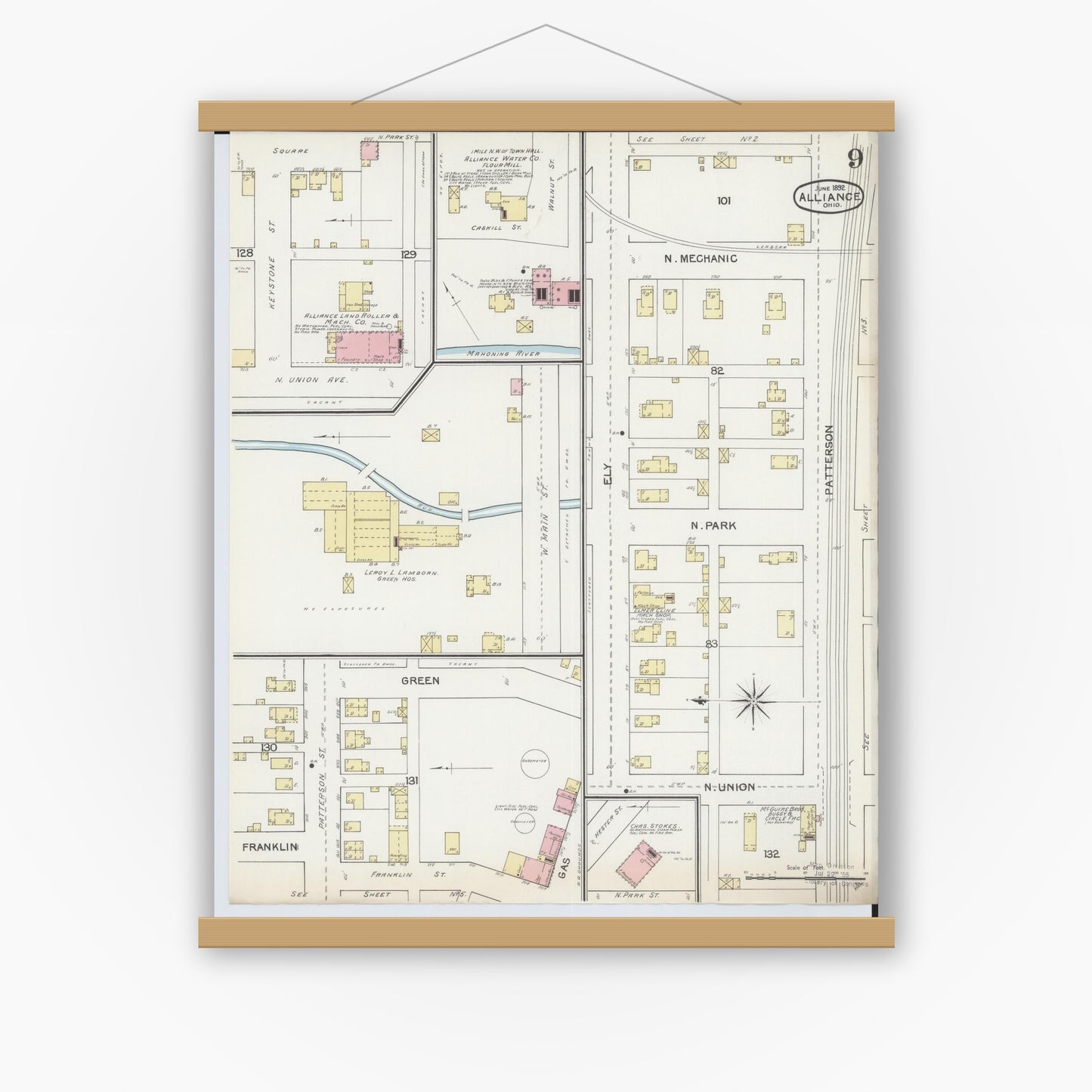 Old map wall art mockup — magnetic wood frame on white wall — Sanborn Fire Insurance Map from Alliance, Stark County, Ohio (1892), Sheet #0009