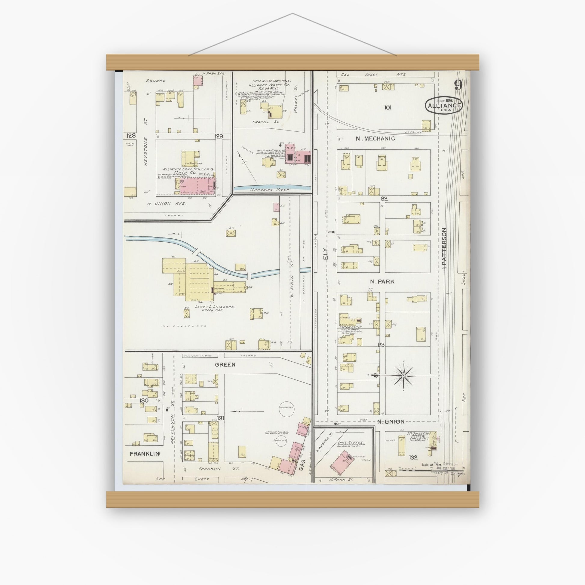 Old map wall art mockup — magnetic wood frame on white wall — Sanborn Fire Insurance Map from Alliance, Stark County, Ohio (1892), Sheet #0009